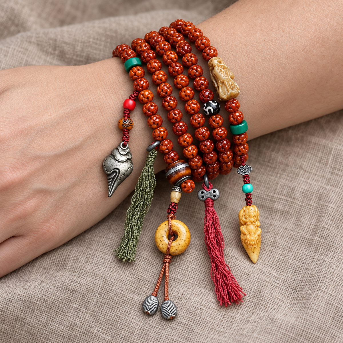 EverestArtstudios Carved Bone 108-Bead Mala with Safety Ring and Bird Motif Charms — wrist resting