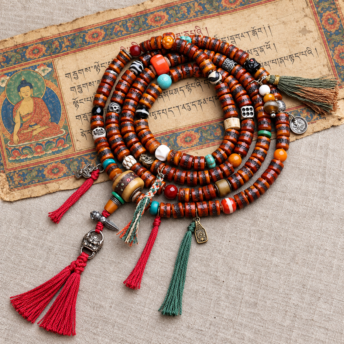 EverestArtstudios Yak Bone 108-Bead Mala with Agate and Turquoise Accents — full product