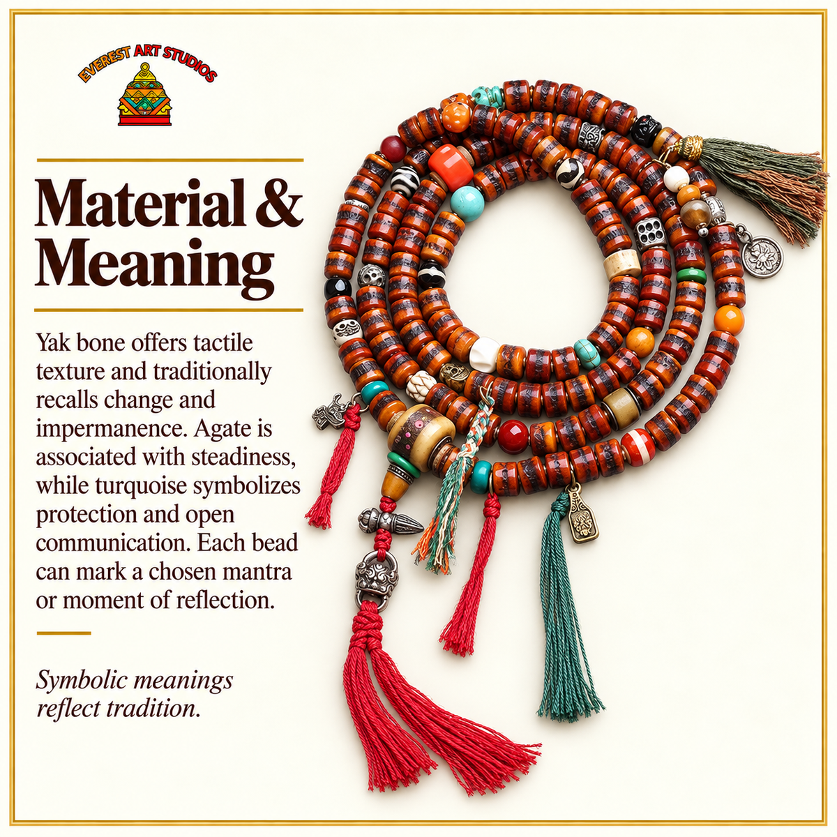 EverestArtstudios Yak Bone 108-Bead Mala with Agate and Turquoise Accents — materials meaning