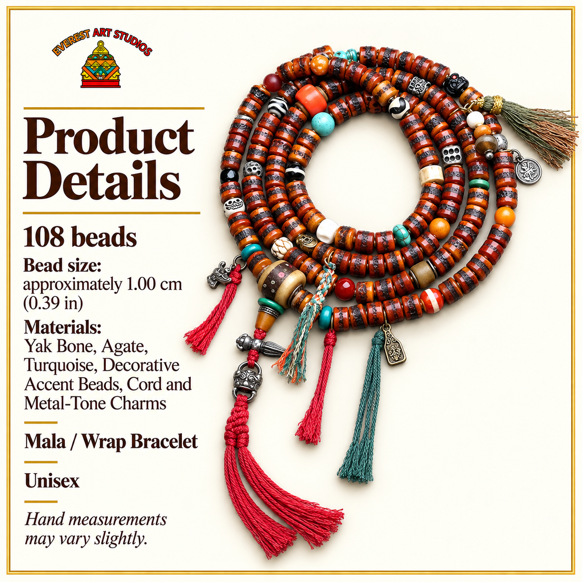 EverestArtstudios Yak Bone 108-Bead Mala with Agate and Turquoise Accents — specifications