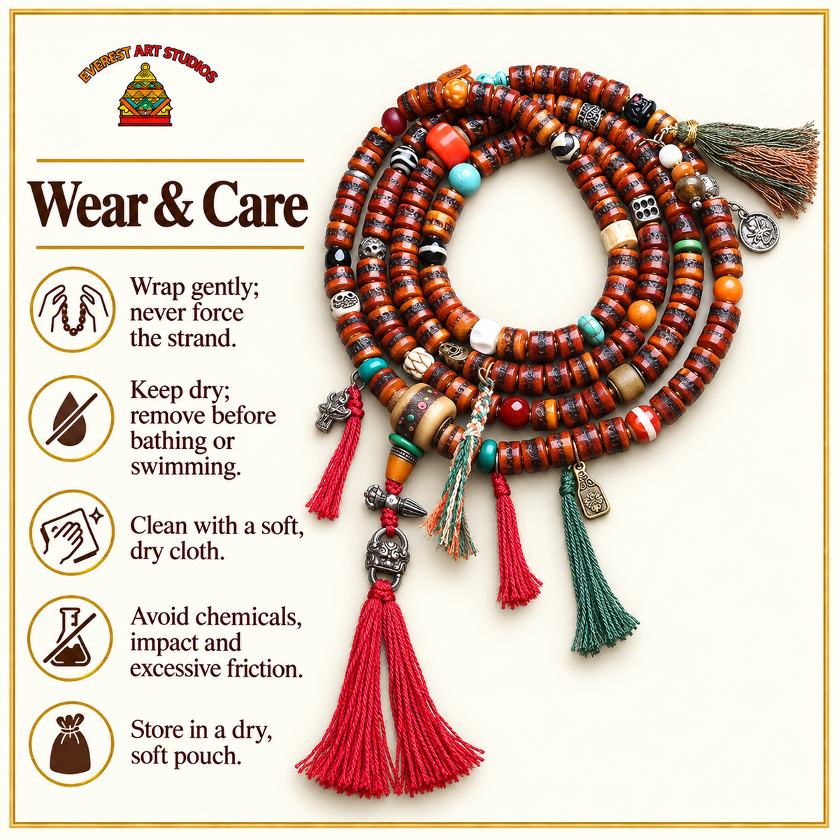 EverestArtstudios Yak Bone 108-Bead Mala with Agate and Turquoise Accents — care