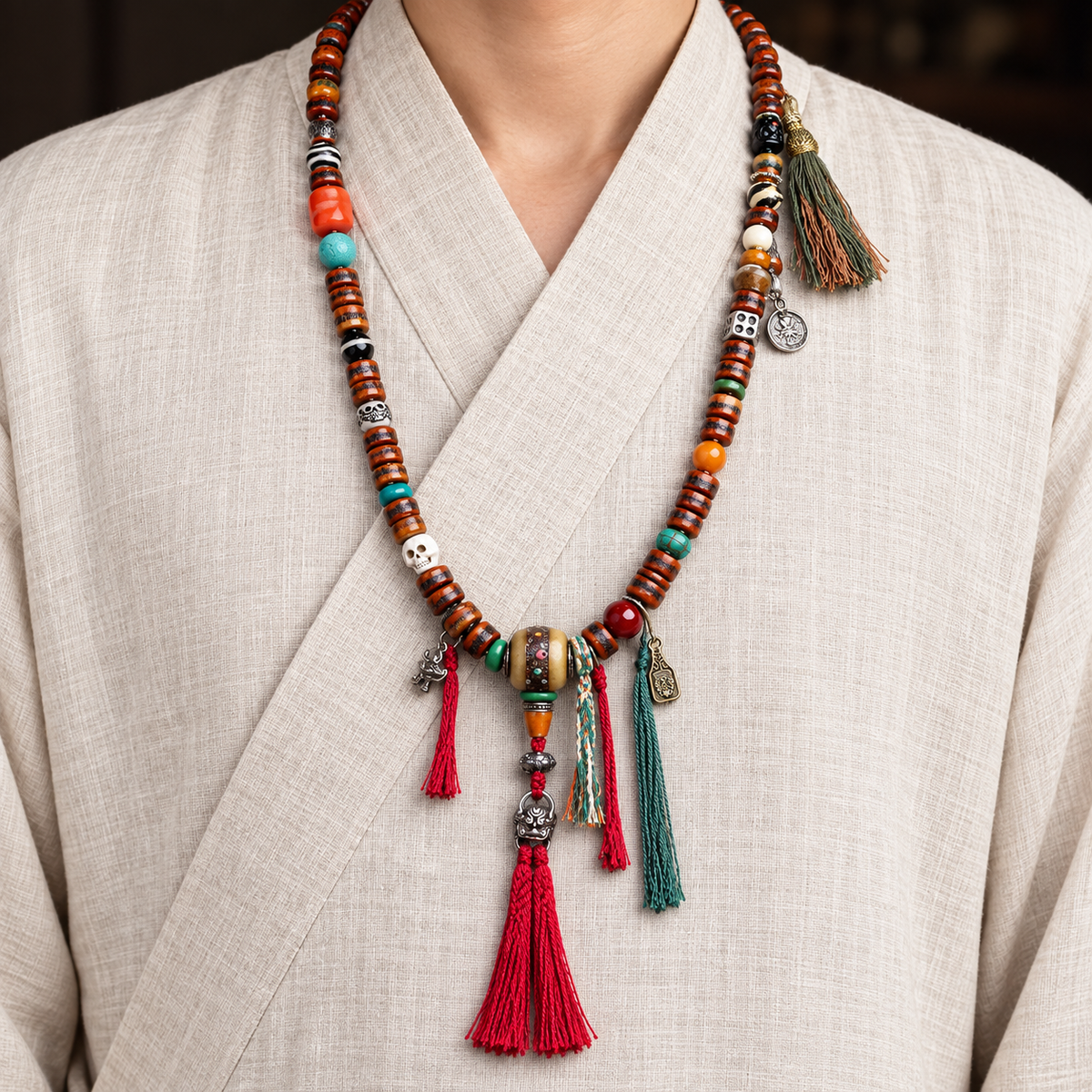 EverestArtstudios Yak Bone 108-Bead Mala with Agate and Turquoise Accents — linen front