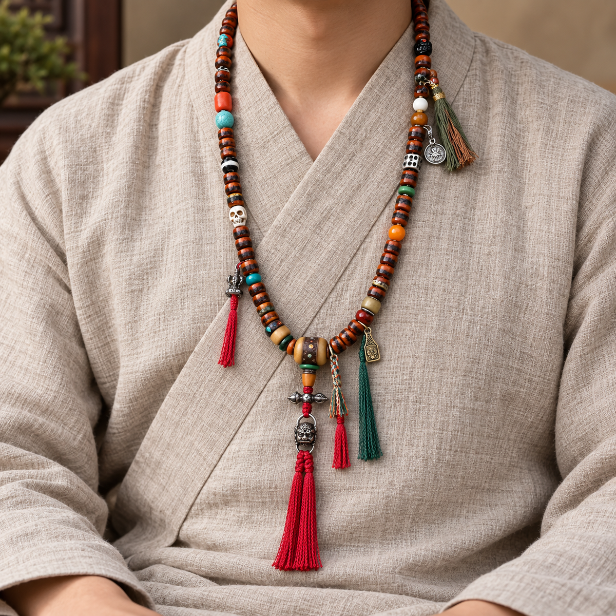 EverestArtstudios Yak Bone 108-Bead Mala with Agate and Turquoise Accents — linen seated