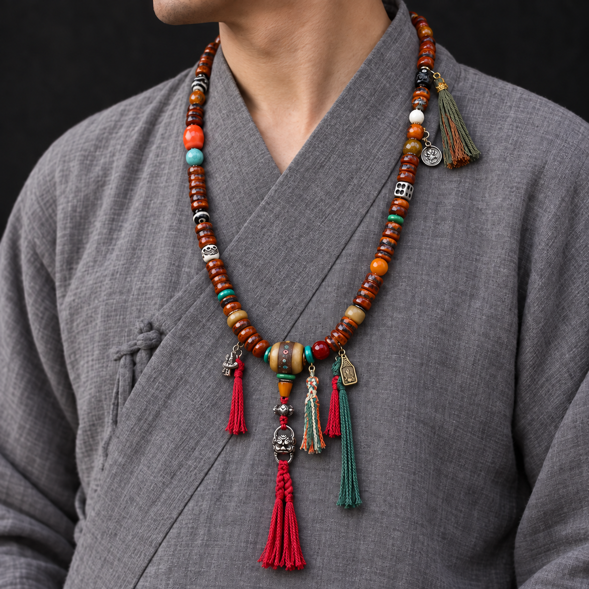 EverestArtstudios Yak Bone 108-Bead Mala with Agate and Turquoise Accents — linen side