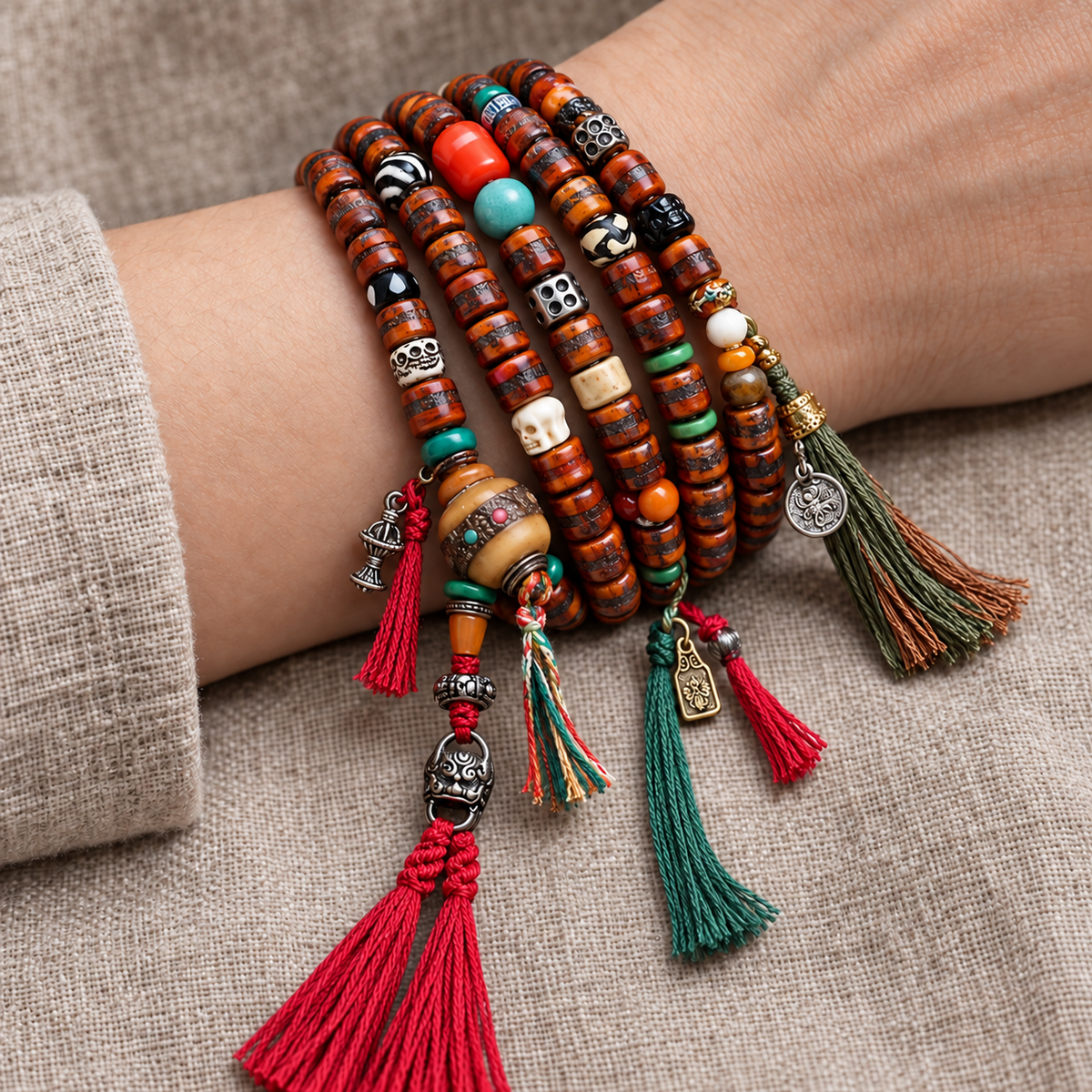 EverestArtstudios Yak Bone 108-Bead Mala with Agate and Turquoise Accents — wrist resting