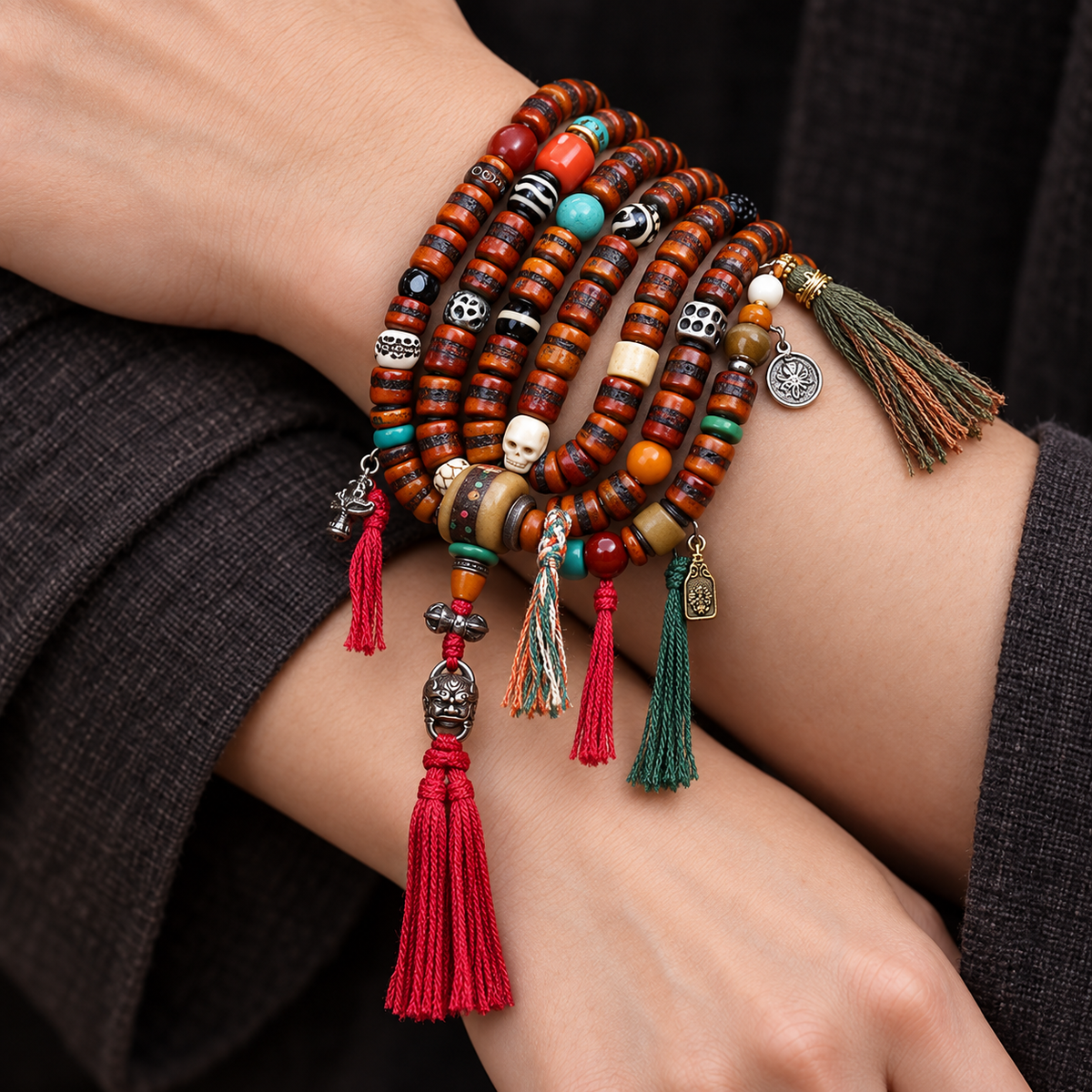 EverestArtstudios Yak Bone 108-Bead Mala with Agate and Turquoise Accents — wrist crossed