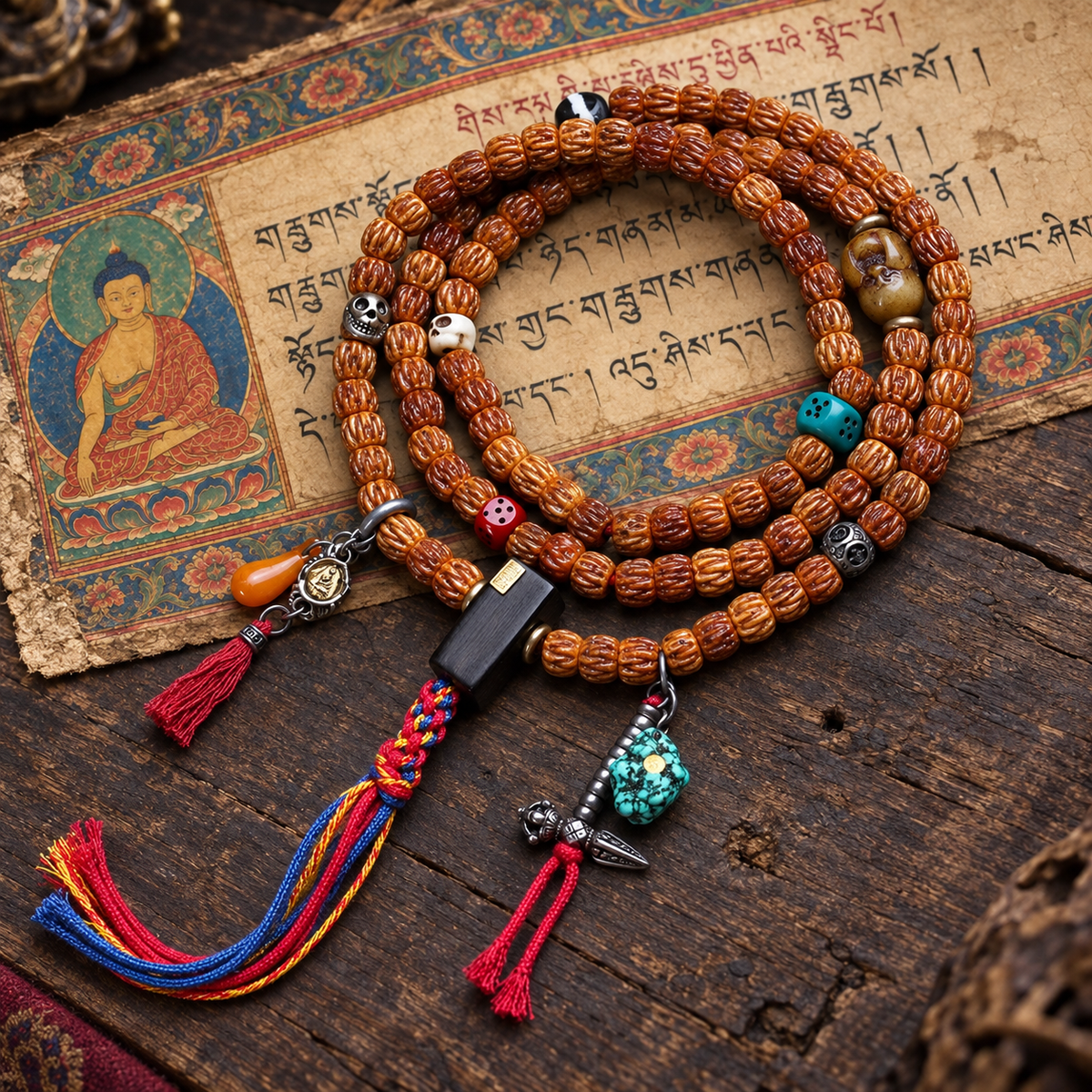 EverestArtstudios Carved Yak Bone 108-Bead Mala with Camel Bone and Sandalwood Accents — full product