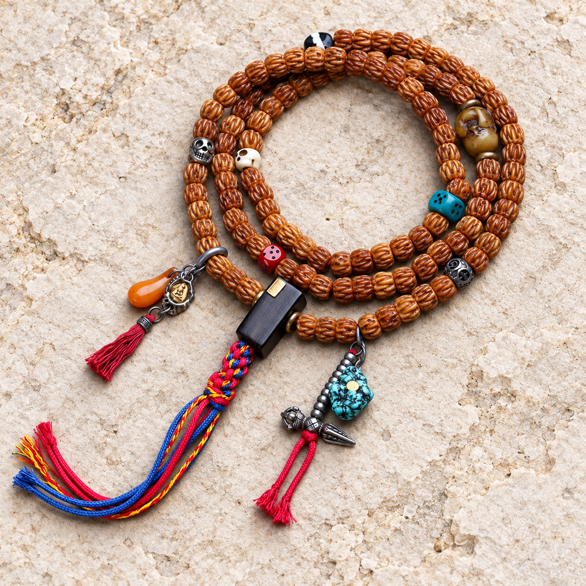 EverestArtstudios Carved Yak Bone 108-Bead Mala with Camel Bone and Sandalwood Accents — overall display