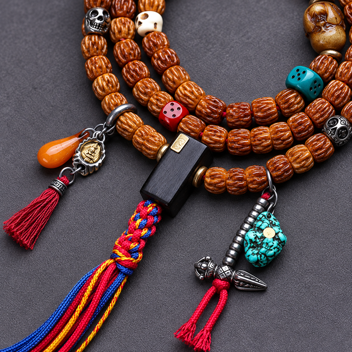EverestArtstudios Carved Yak Bone 108-Bead Mala with Camel Bone and Sandalwood Accents — connection detail
