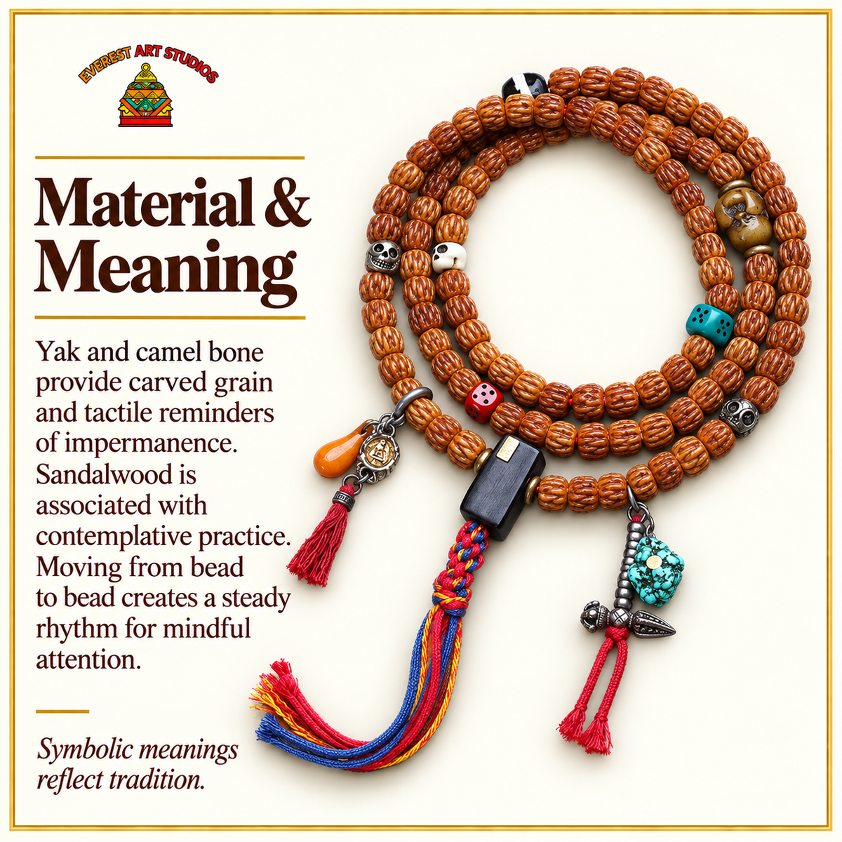 EverestArtstudios Carved Yak Bone 108-Bead Mala with Camel Bone and Sandalwood Accents — materials meaning