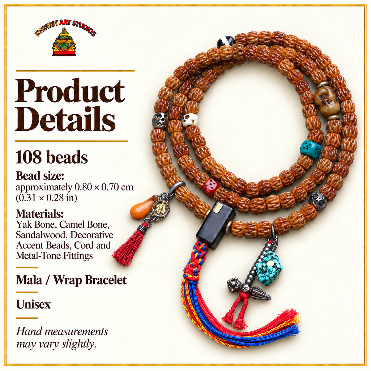 EverestArtstudios Carved Yak Bone 108-Bead Mala with Camel Bone and Sandalwood Accents — specifications