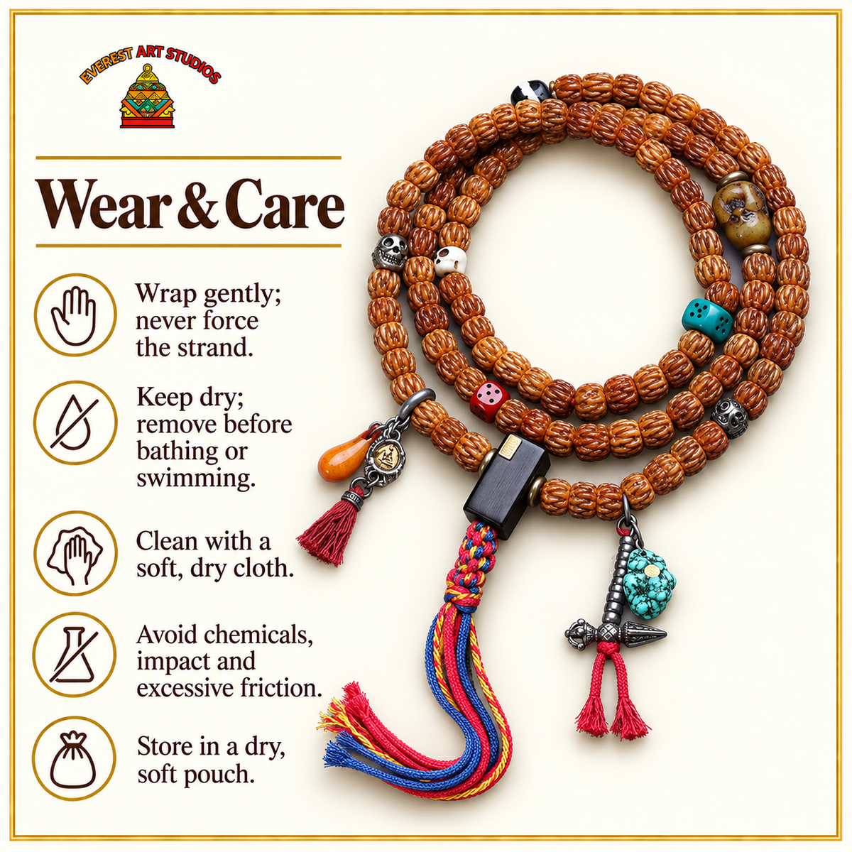 EverestArtstudios Carved Yak Bone 108-Bead Mala with Camel Bone and Sandalwood Accents — care