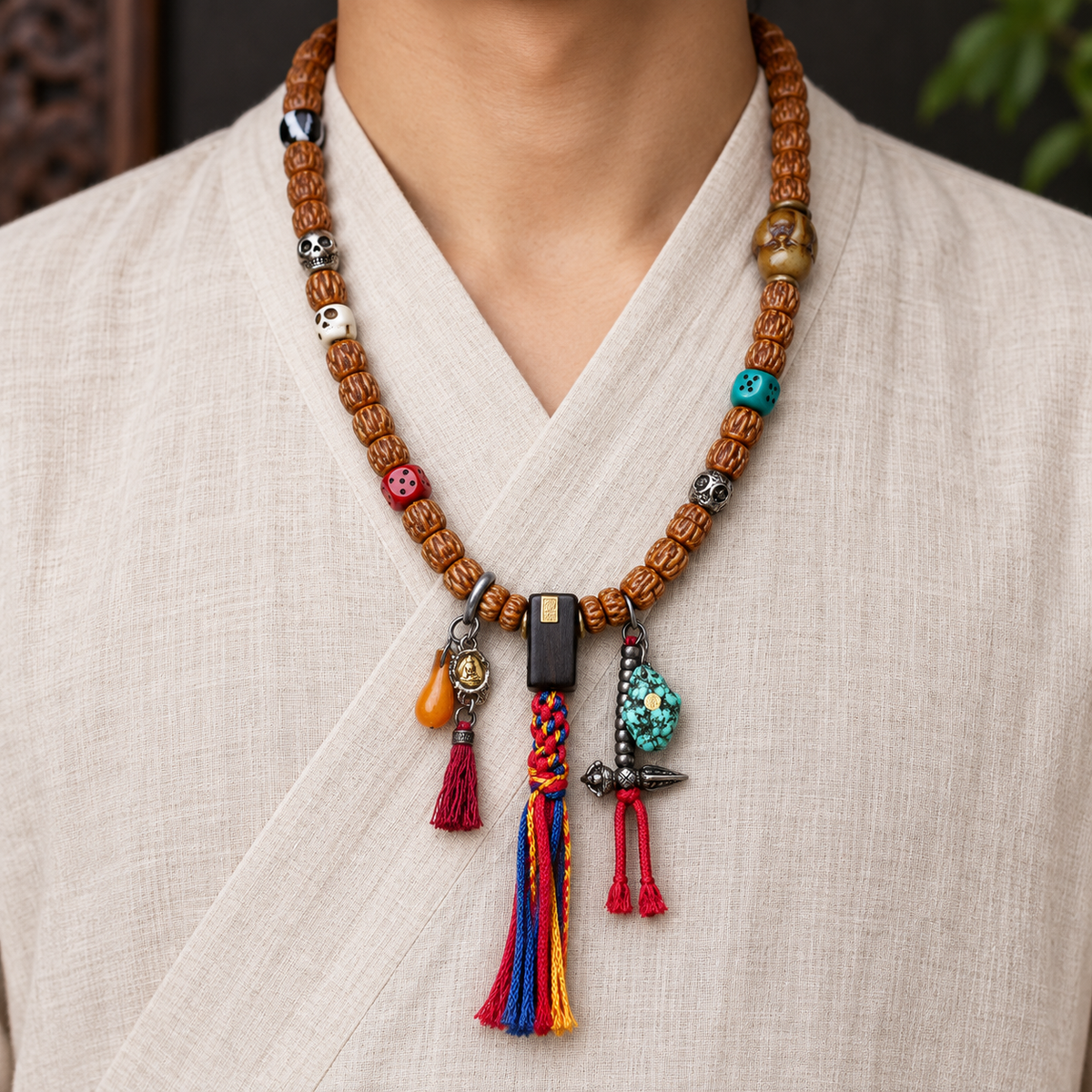 EverestArtstudios Carved Yak Bone 108-Bead Mala with Camel Bone and Sandalwood Accents — linen front