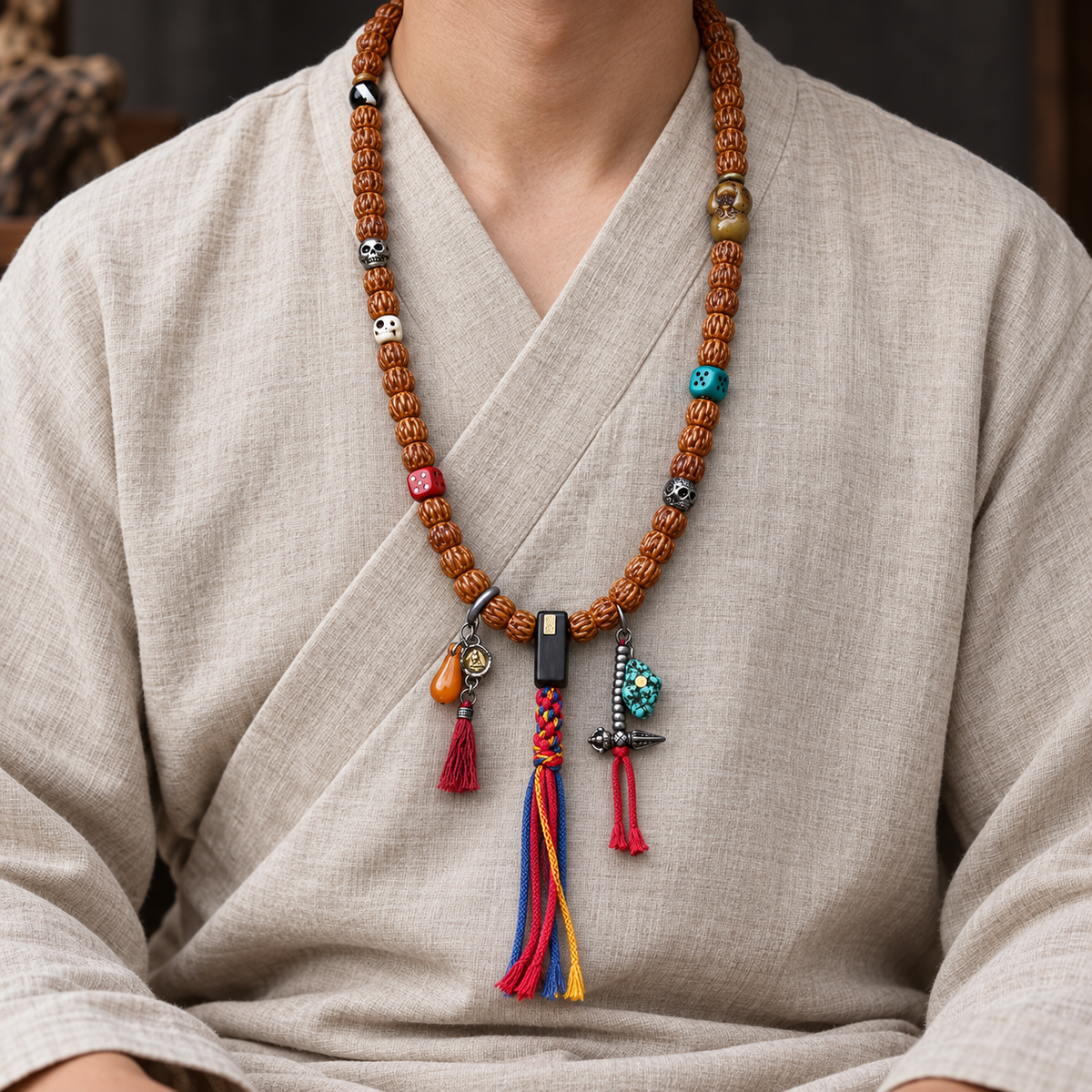 EverestArtstudios Carved Yak Bone 108-Bead Mala with Camel Bone and Sandalwood Accents — linen seated