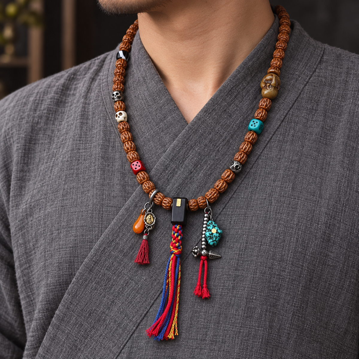 EverestArtstudios Carved Yak Bone 108-Bead Mala with Camel Bone and Sandalwood Accents — linen side