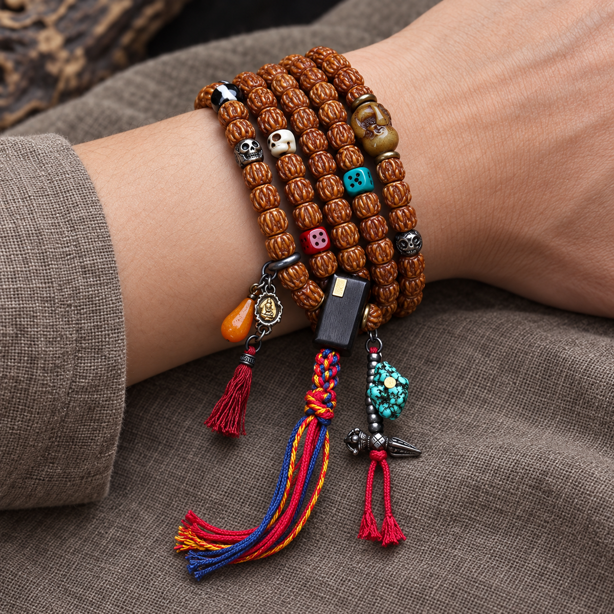 EverestArtstudios Carved Yak Bone 108-Bead Mala with Camel Bone and Sandalwood Accents — wrist resting