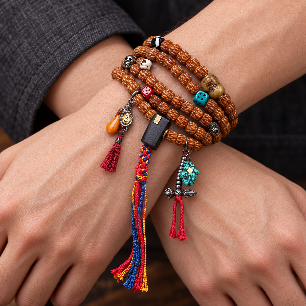 EverestArtstudios Carved Yak Bone 108-Bead Mala with Camel Bone and Sandalwood Accents — wrist crossed