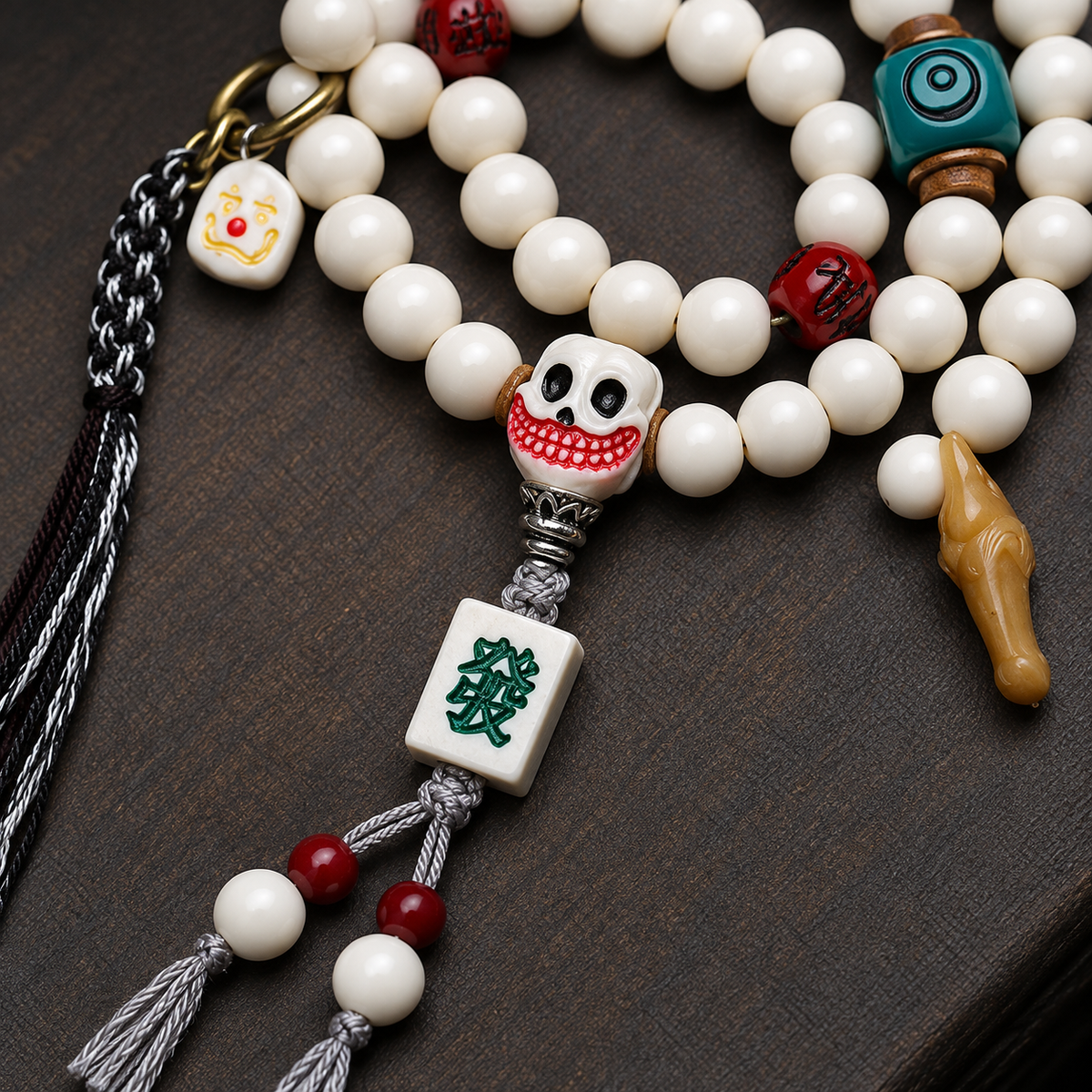 EverestArtstudios Antler 108-Bead Mala with Carved Accents and Fortune Charms — connection detail