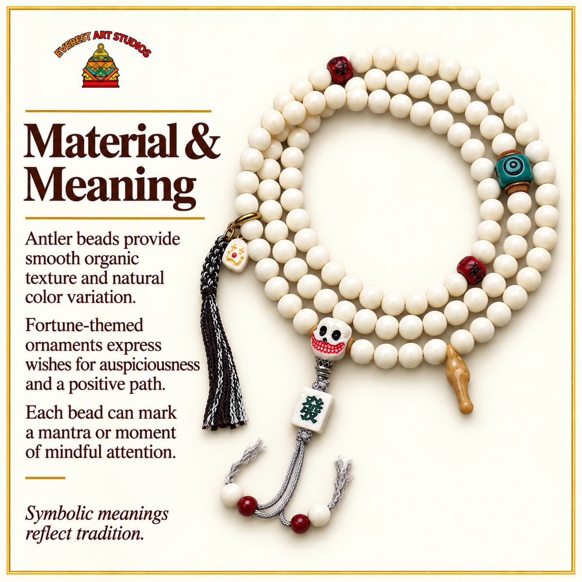 EverestArtstudios Antler 108-Bead Mala with Carved Accents and Fortune Charms — materials meaning