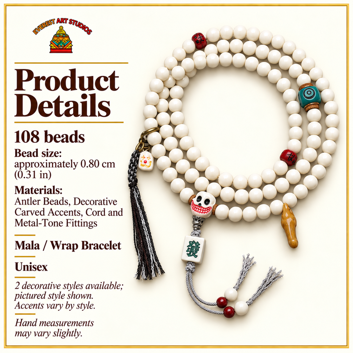 EverestArtstudios Antler 108-Bead Mala with Carved Accents and Fortune Charms — specifications