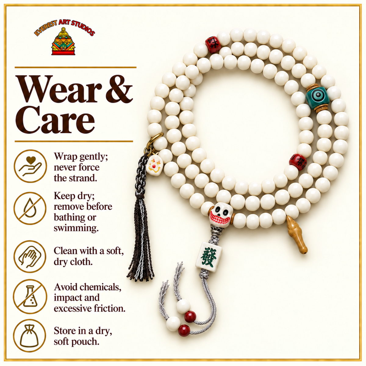 EverestArtstudios Antler 108-Bead Mala with Carved Accents and Fortune Charms — care