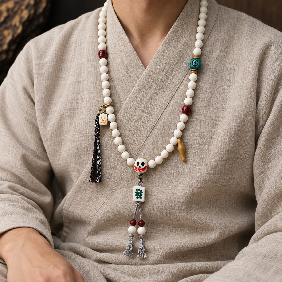 EverestArtstudios Antler 108-Bead Mala with Carved Accents and Fortune Charms — linen seated