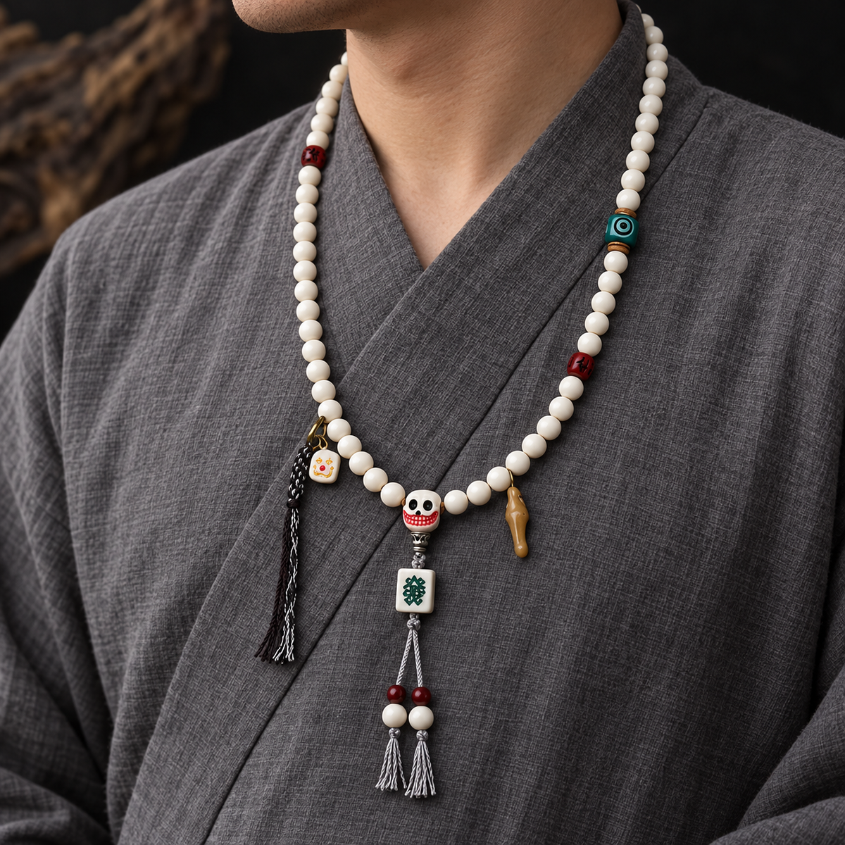EverestArtstudios Antler 108-Bead Mala with Carved Accents and Fortune Charms — linen side