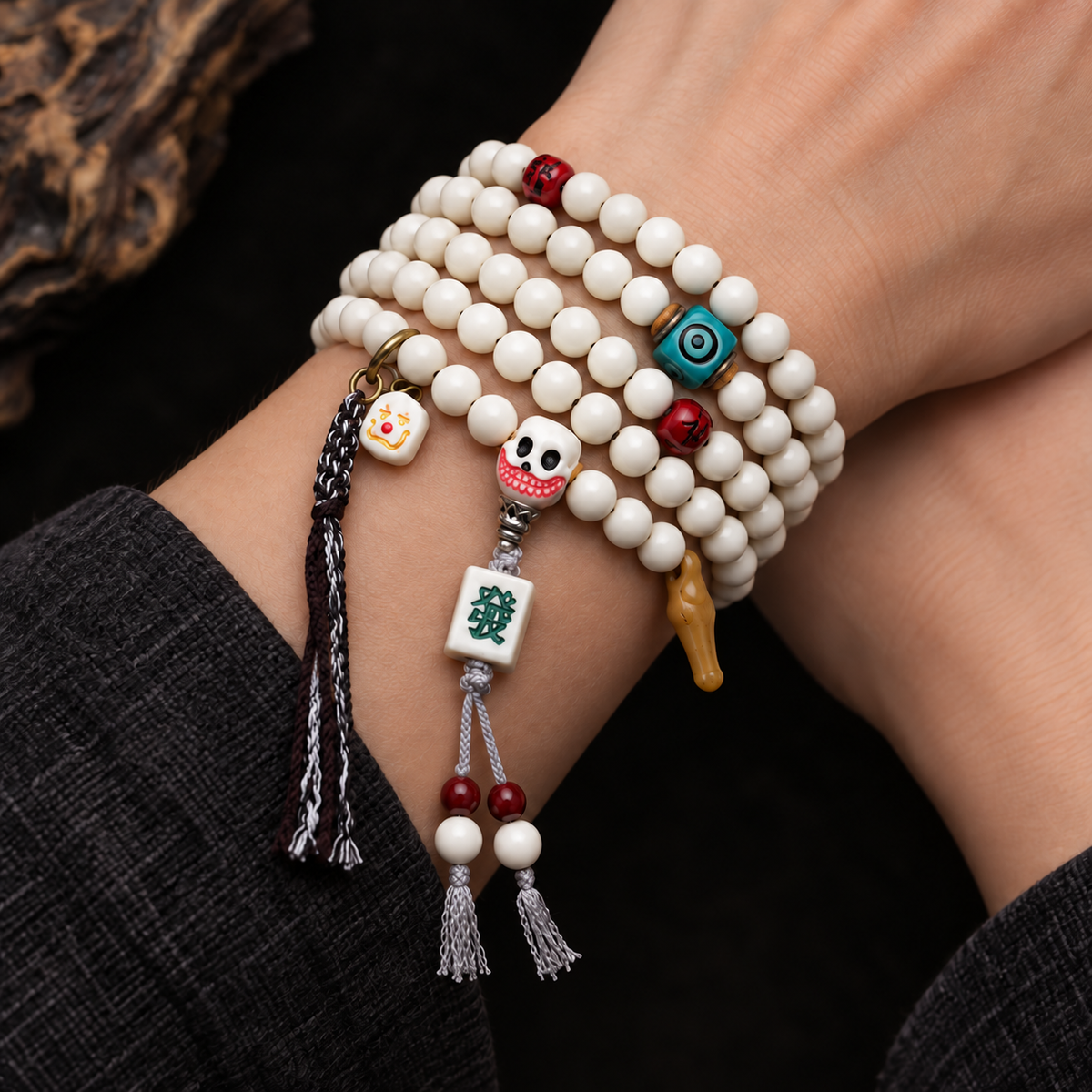 EverestArtstudios Antler 108-Bead Mala with Carved Accents and Fortune Charms — wrist crossed