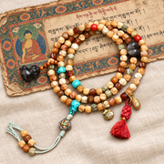EverestArtstudios Faceted Bodhi 108-Bead Mala with Turquoise and Obsidian Accents — full product