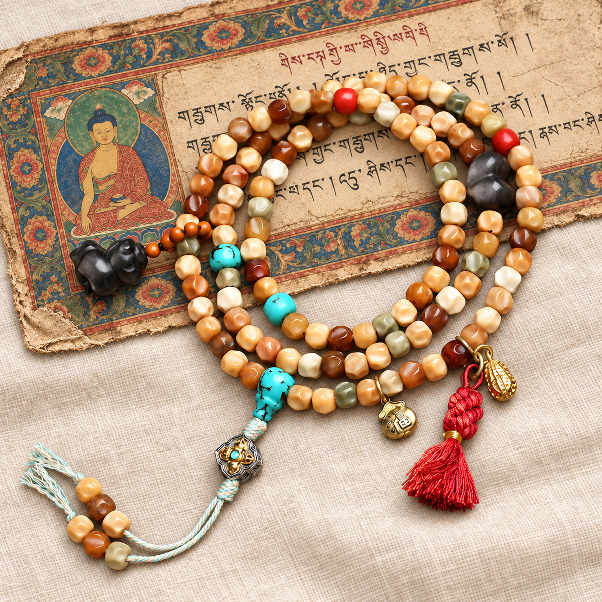 EverestArtstudios Faceted Bodhi 108-Bead Mala with Turquoise and Obsidian Accents — full product