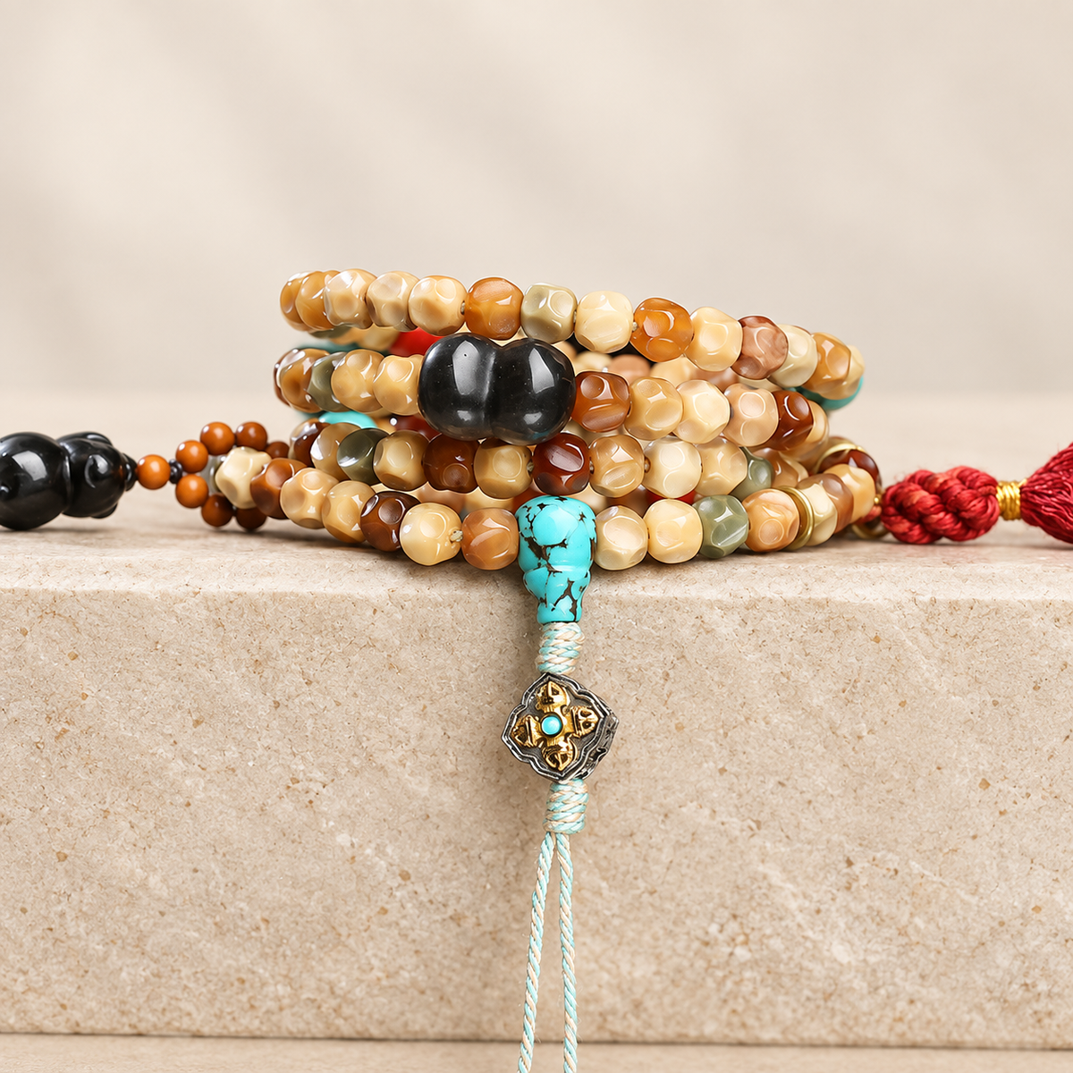 EverestArtstudios Faceted Bodhi 108-Bead Mala with Turquoise and Obsidian Accents — side detail
