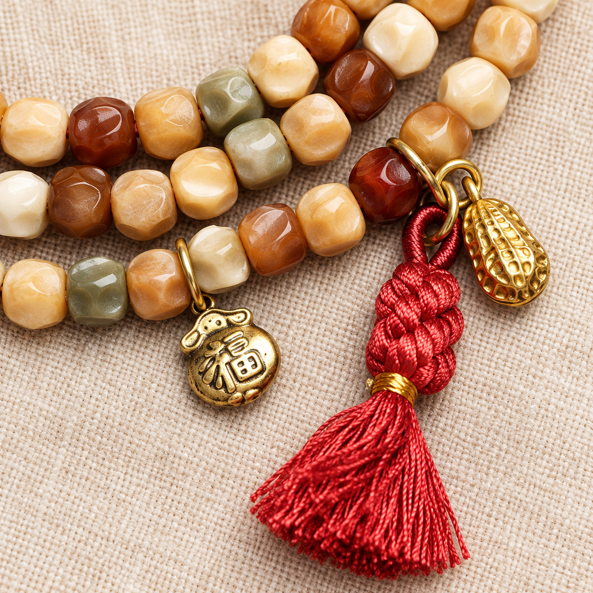 EverestArtstudios Faceted Bodhi 108-Bead Mala with Turquoise and Obsidian Accents — tassel detail