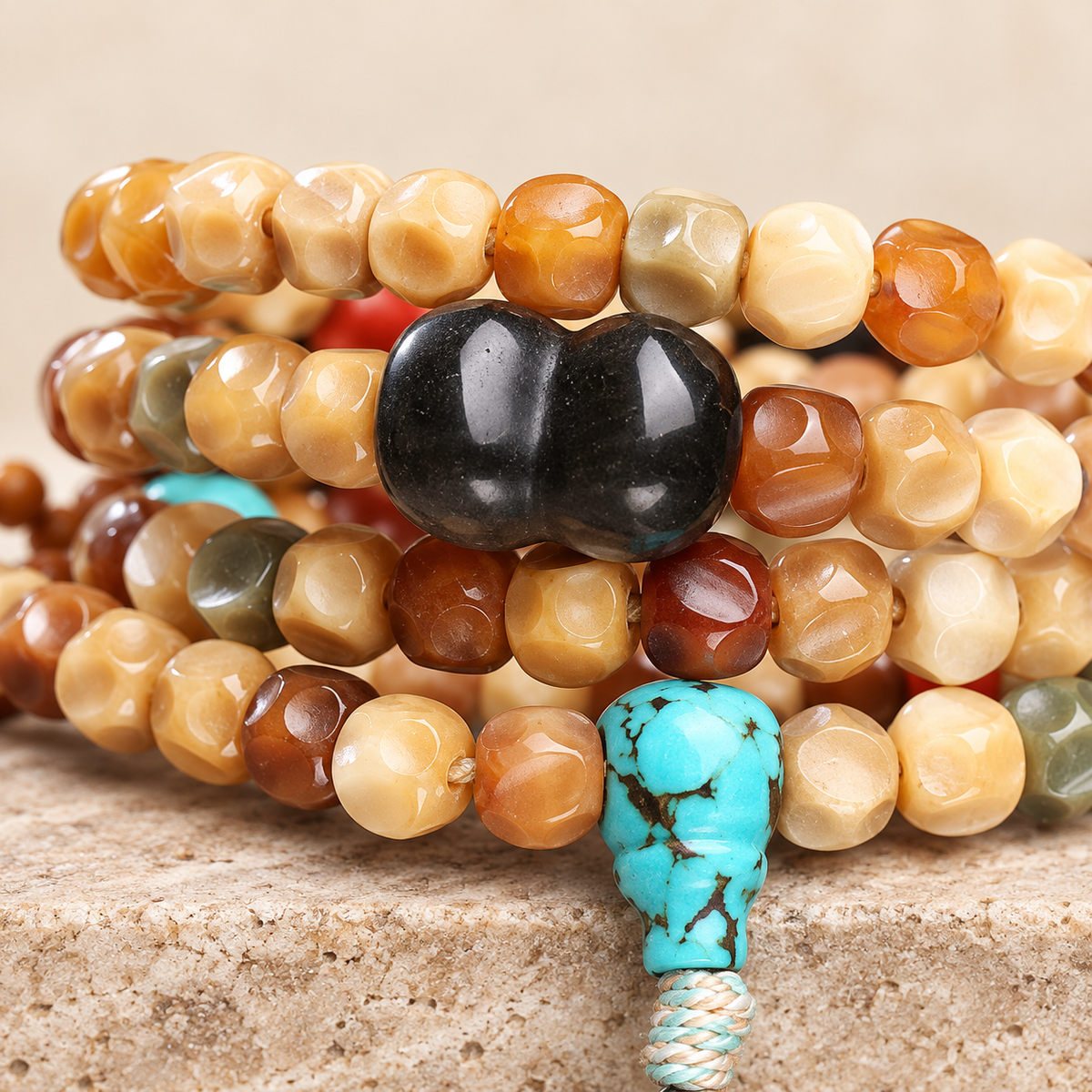 EverestArtstudios Faceted Bodhi 108-Bead Mala with Turquoise and Obsidian Accents — bead detail