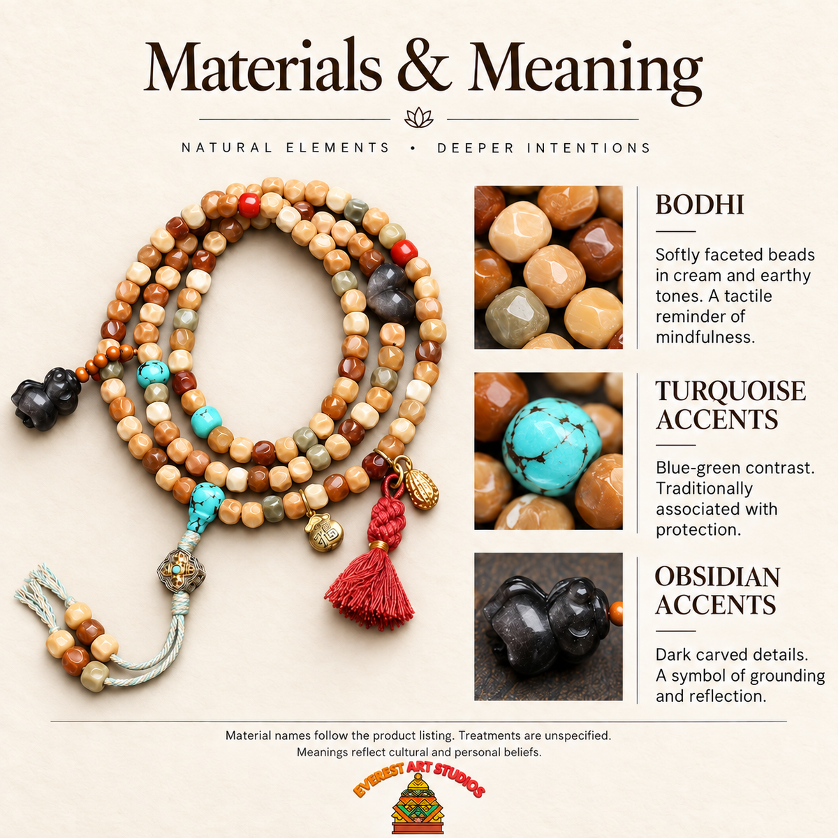 EverestArtstudios Faceted Bodhi 108-Bead Mala with Turquoise and Obsidian Accents — materials meaning