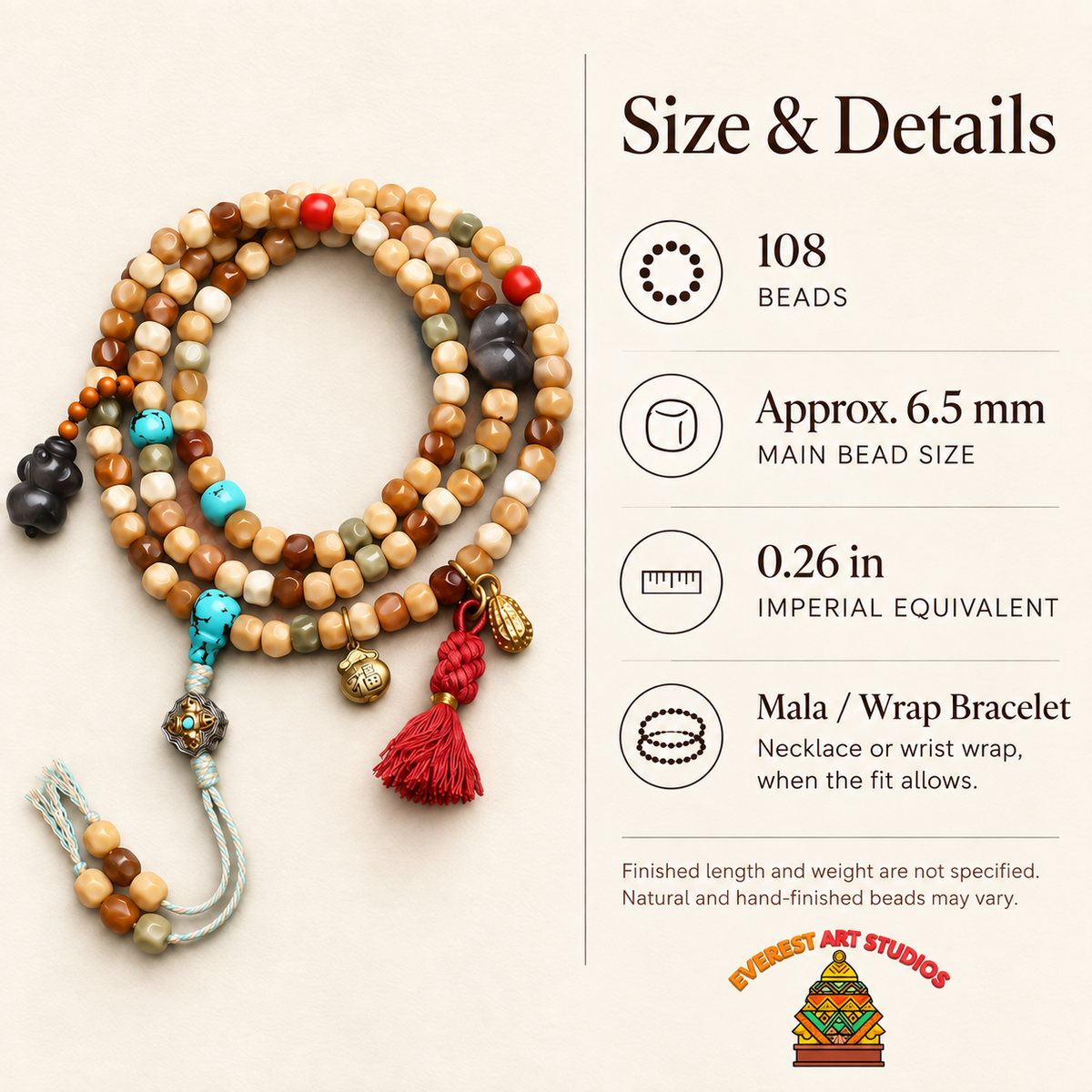 EverestArtstudios Faceted Bodhi 108-Bead Mala with Turquoise and Obsidian Accents — specifications