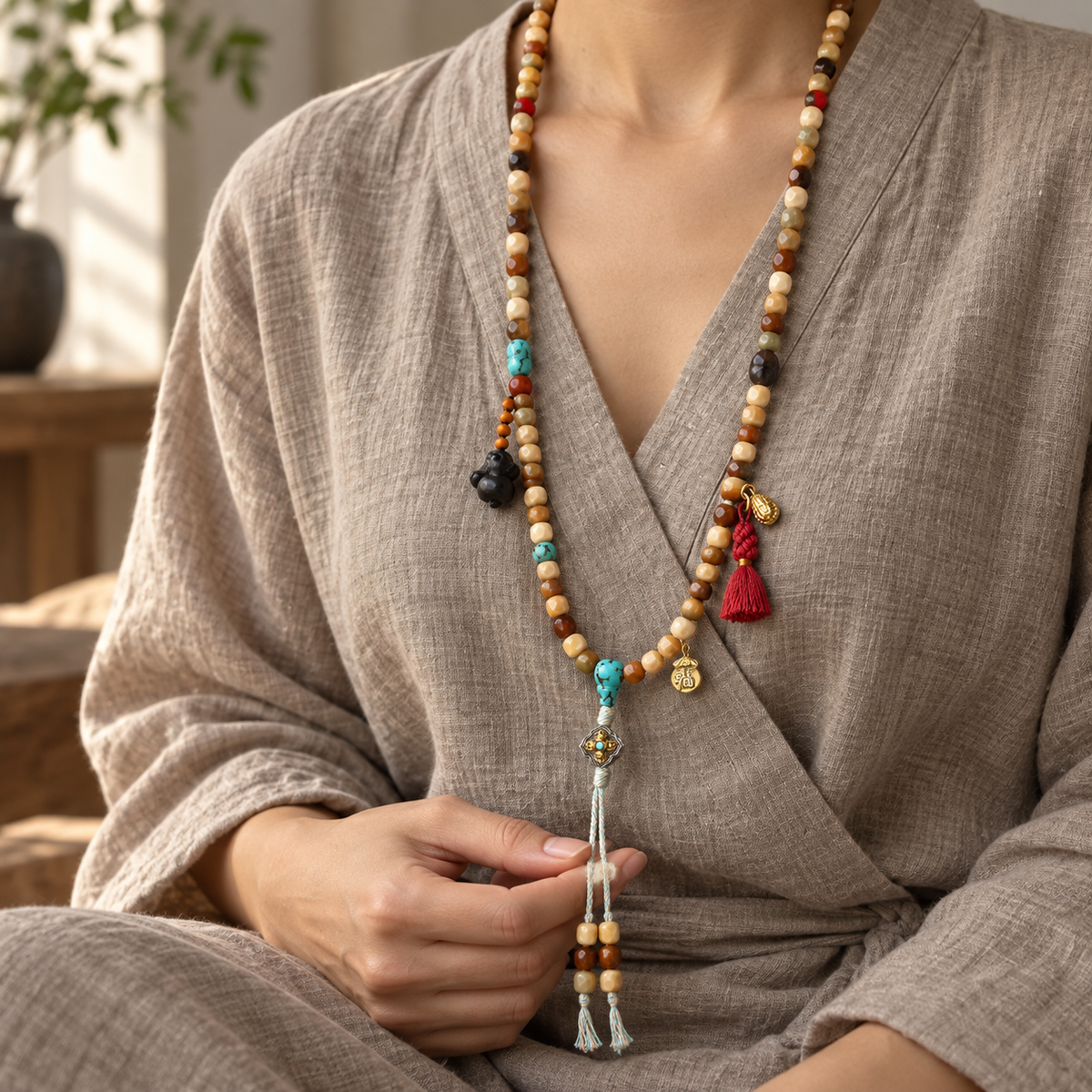 EverestArtstudios Faceted Bodhi 108-Bead Mala with Turquoise and Obsidian Accents — linen seated