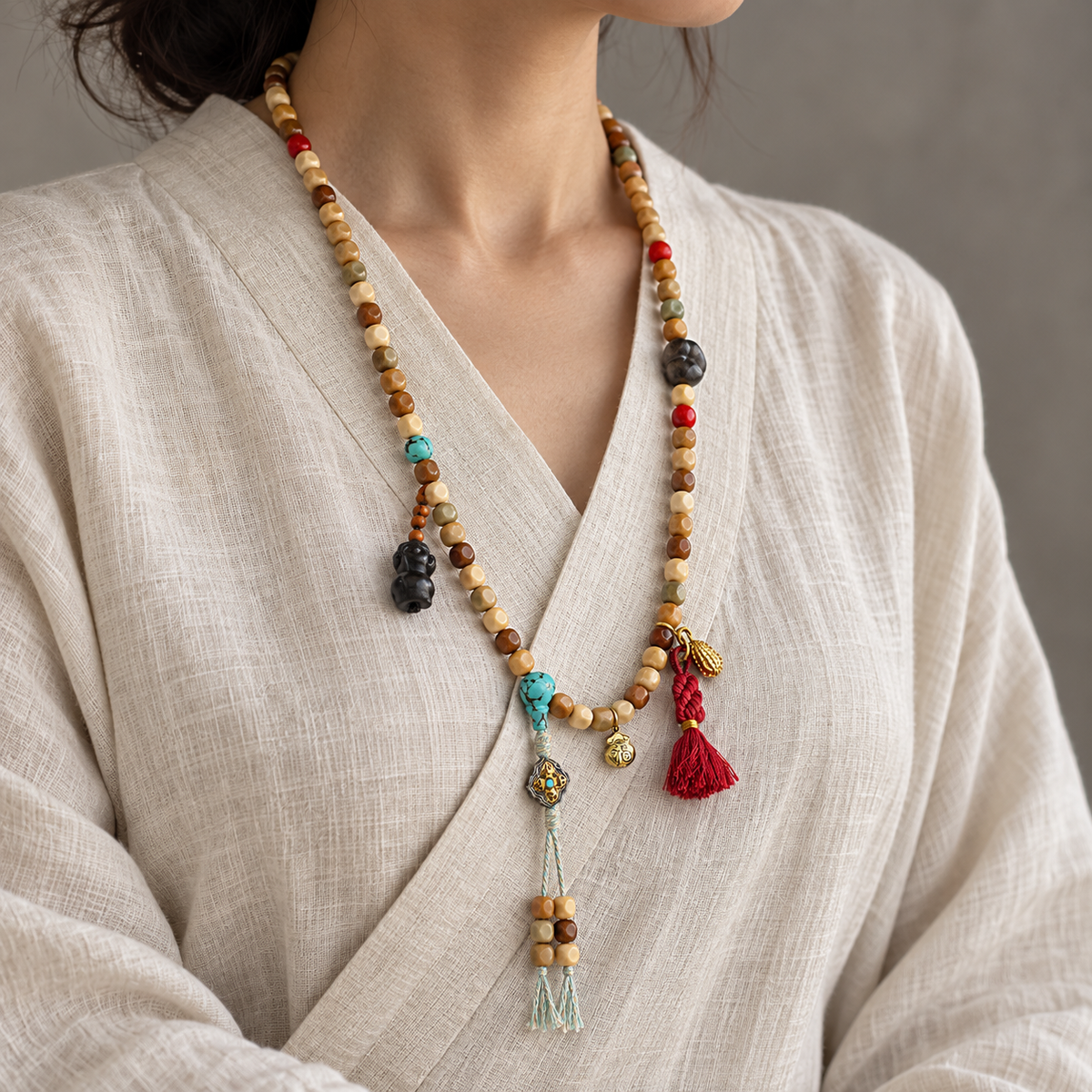 EverestArtstudios Faceted Bodhi 108-Bead Mala with Turquoise and Obsidian Accents — linen side