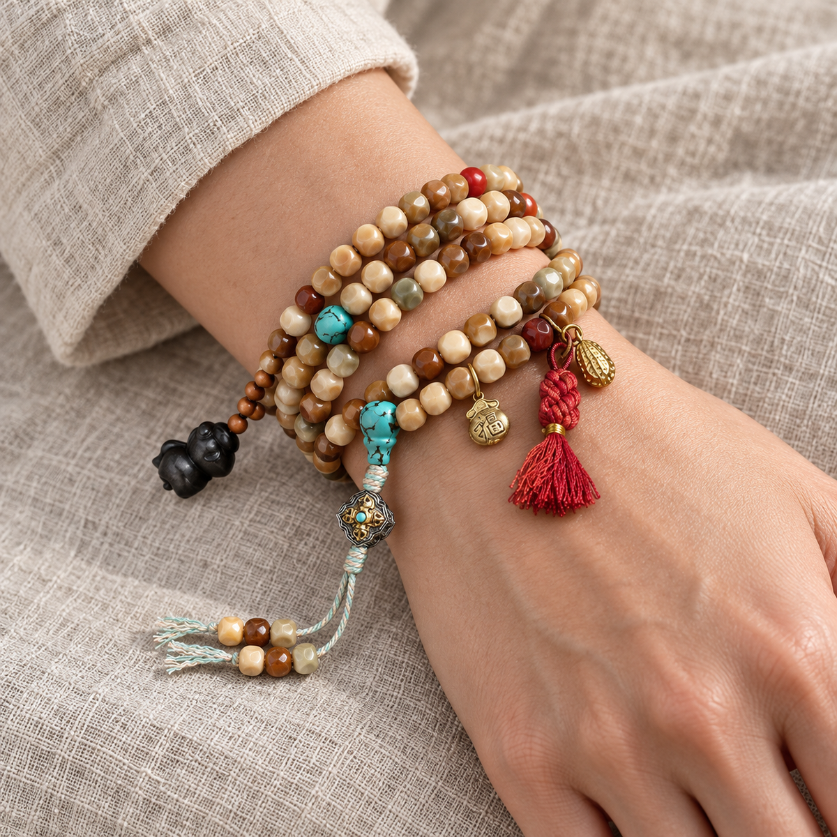EverestArtstudios Faceted Bodhi 108-Bead Mala with Turquoise and Obsidian Accents — wrist resting
