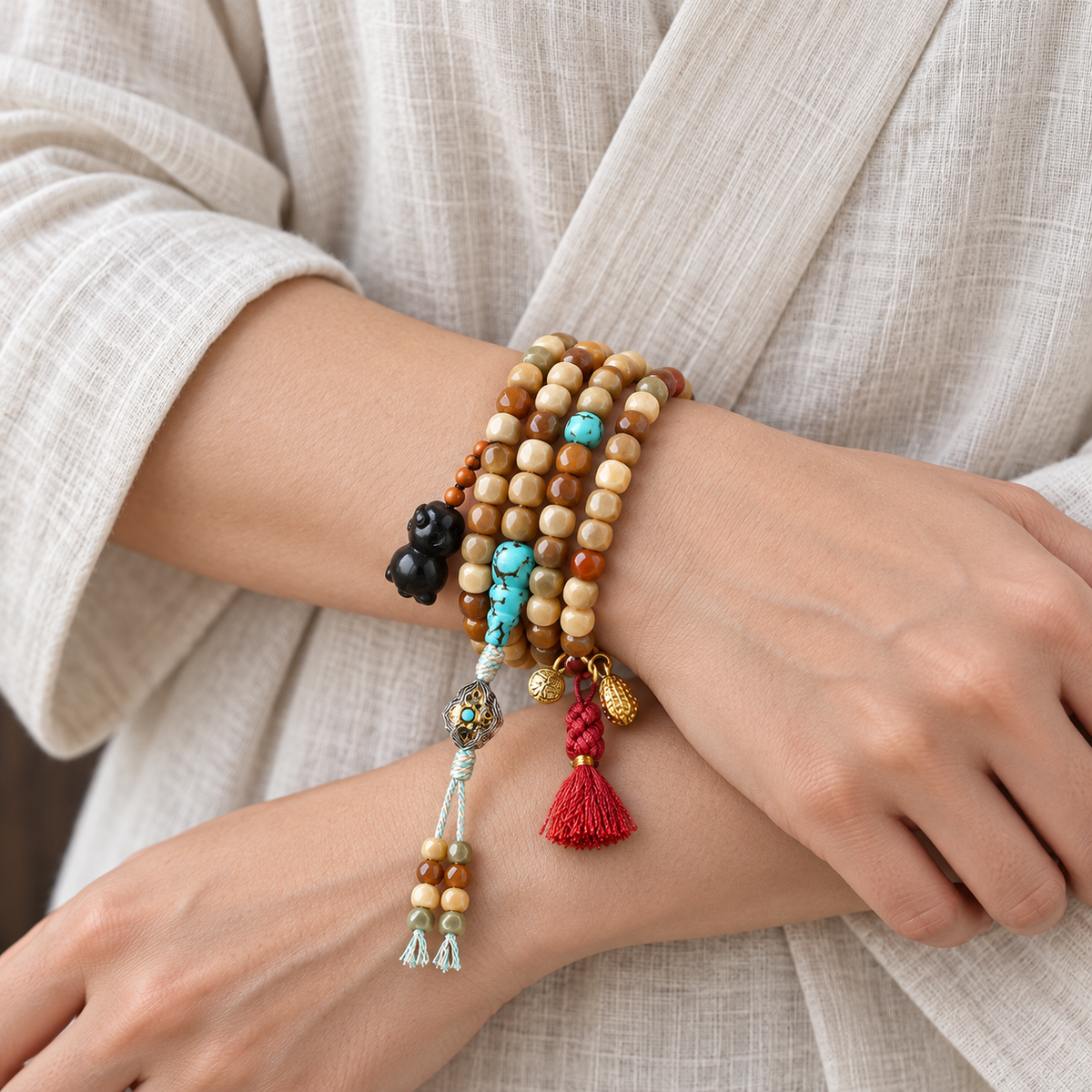 EverestArtstudios Faceted Bodhi 108-Bead Mala with Turquoise and Obsidian Accents — wrist crossed