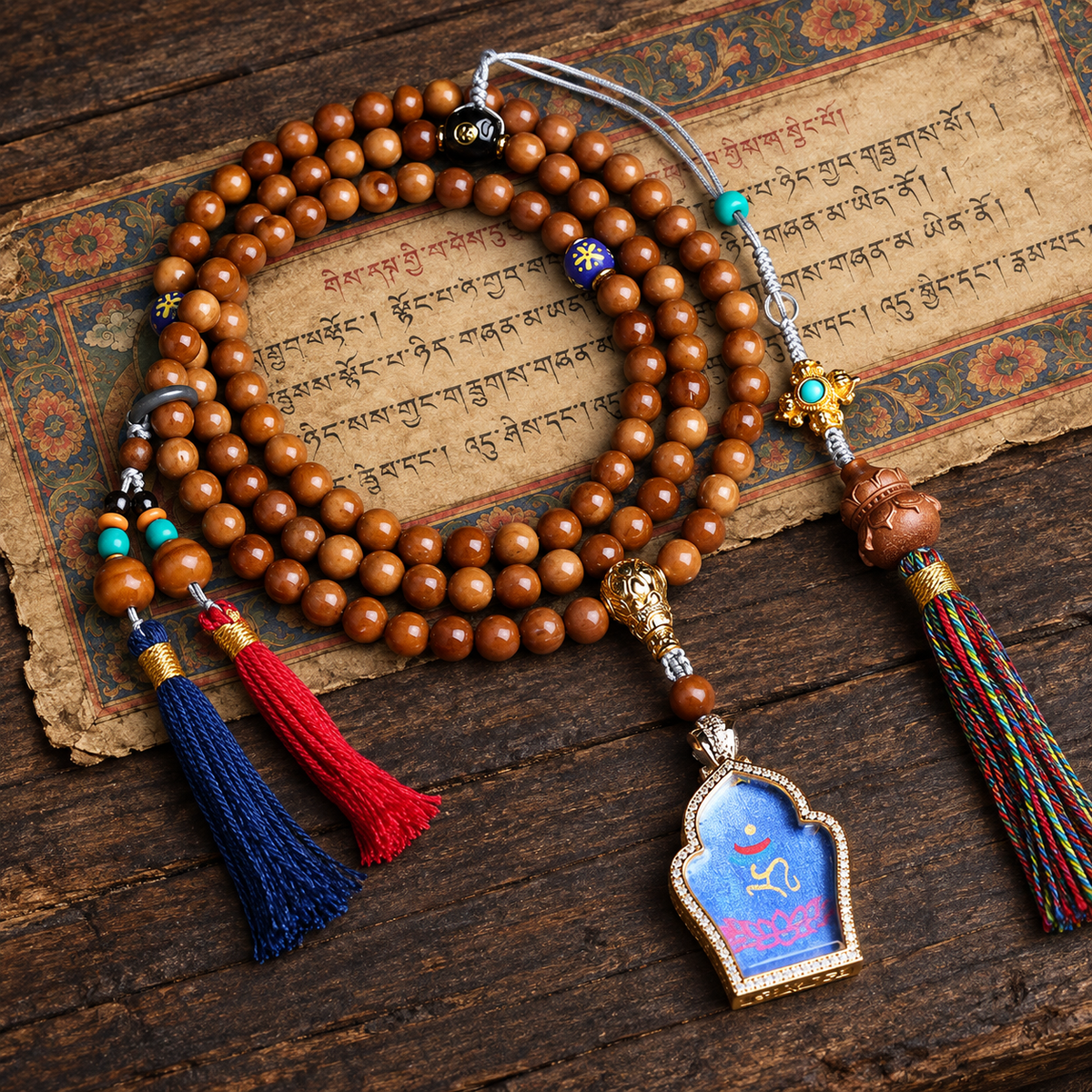 EverestArtstudios Medicine Buddha Symbol 108-Bead Mala with Brown Beads and Colorful Tassels — full product