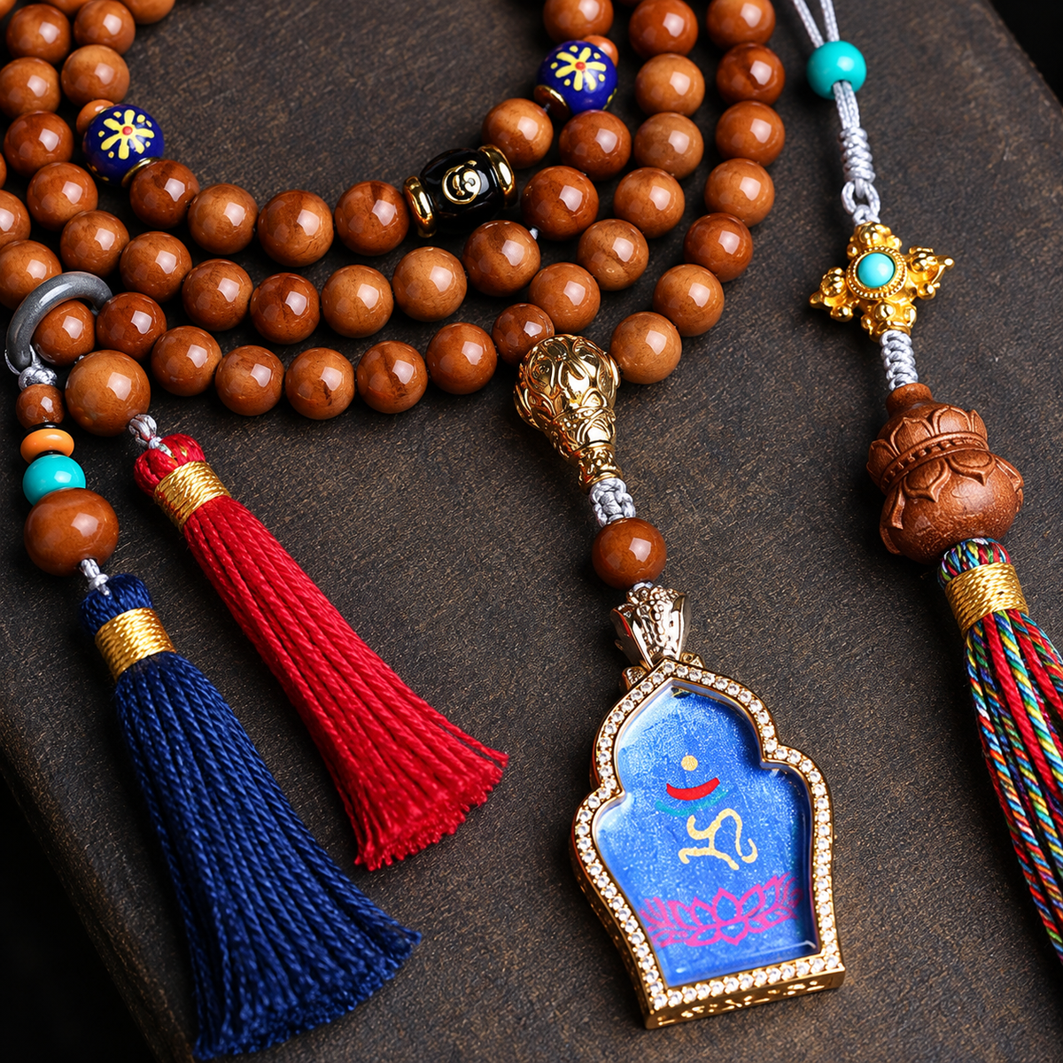 EverestArtstudios Medicine Buddha Symbol 108-Bead Mala with Brown Beads and Colorful Tassels — connection detail