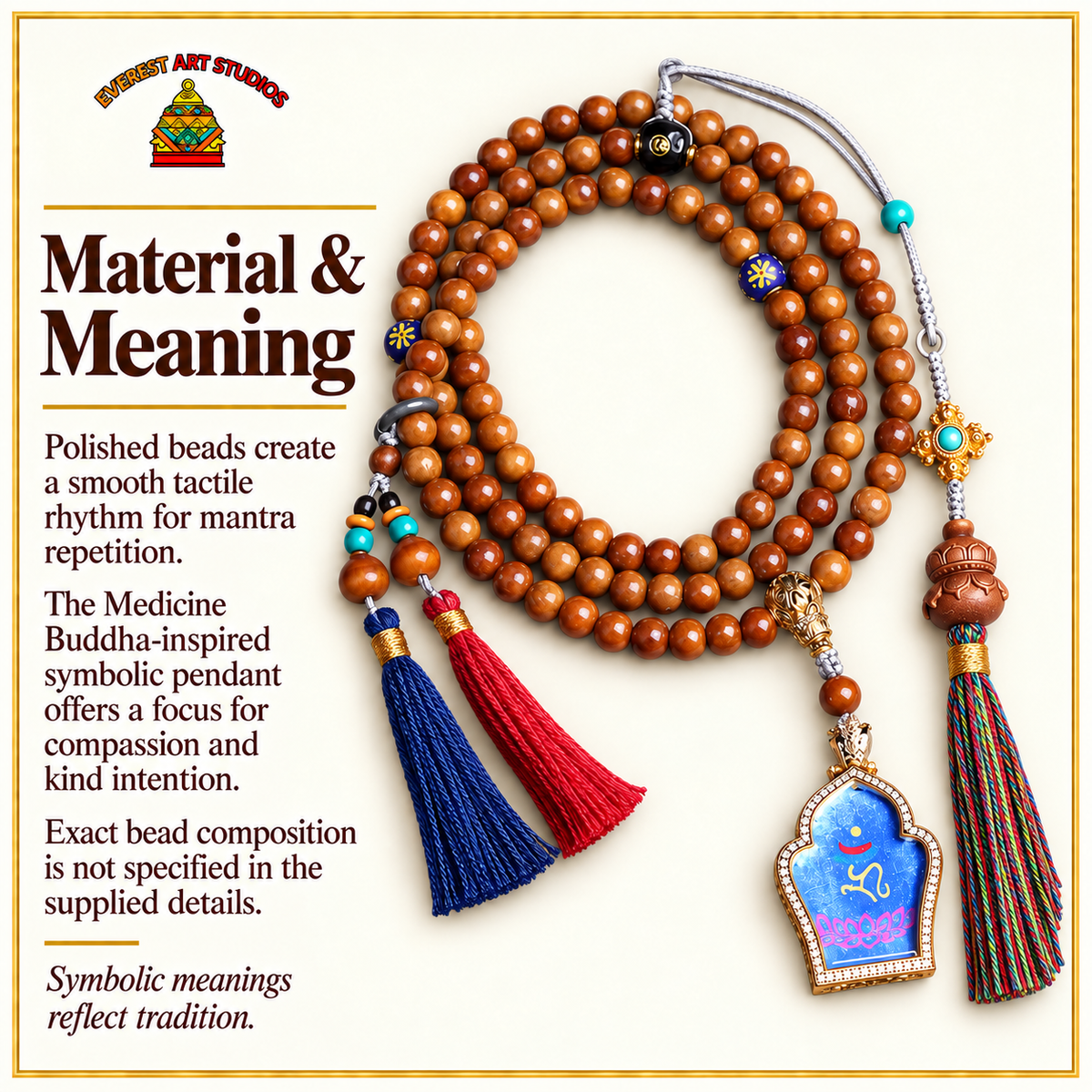 EverestArtstudios Medicine Buddha Symbol 108-Bead Mala with Brown Beads and Colorful Tassels — materials meaning