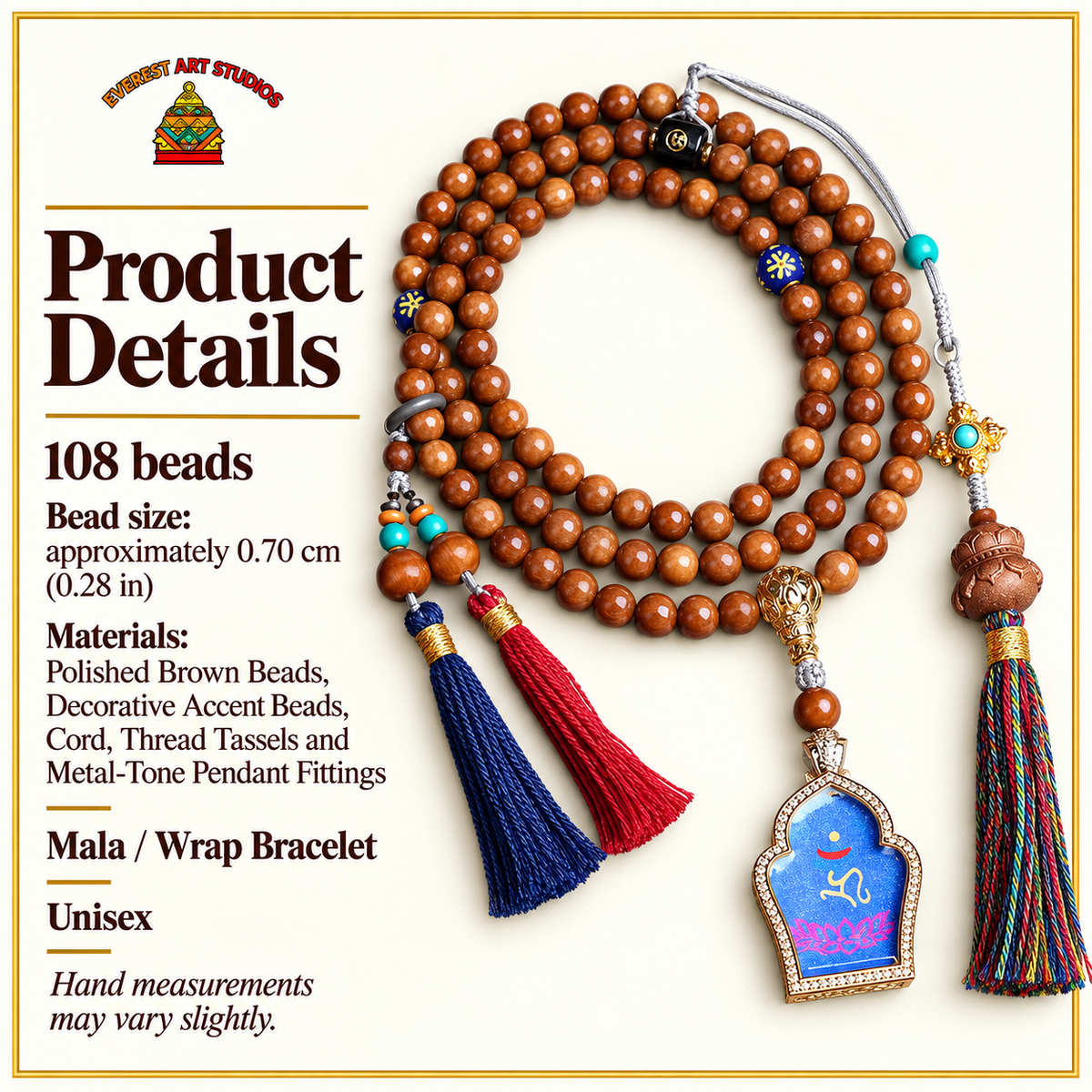 EverestArtstudios Medicine Buddha Symbol 108-Bead Mala with Brown Beads and Colorful Tassels — specifications