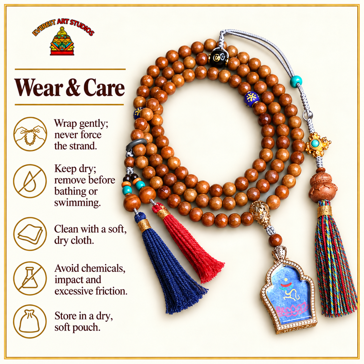 EverestArtstudios Medicine Buddha Symbol 108-Bead Mala with Brown Beads and Colorful Tassels — care