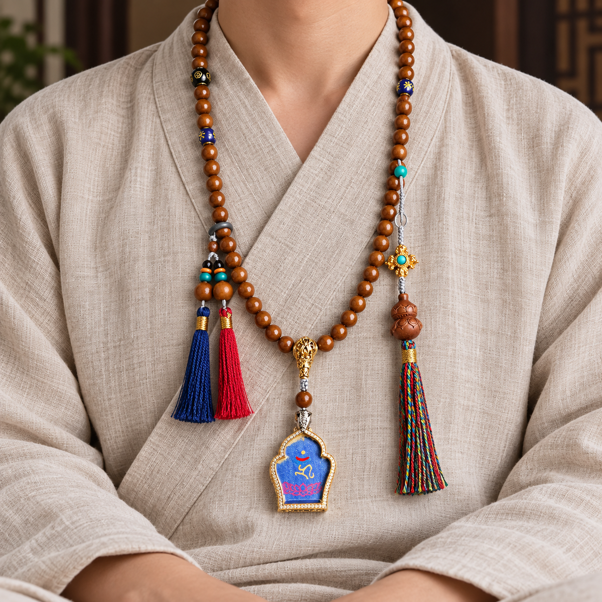 EverestArtstudios Medicine Buddha Symbol 108-Bead Mala with Brown Beads and Colorful Tassels — linen seated