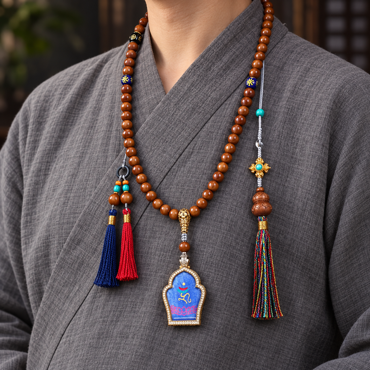 EverestArtstudios Medicine Buddha Symbol 108-Bead Mala with Brown Beads and Colorful Tassels — linen side