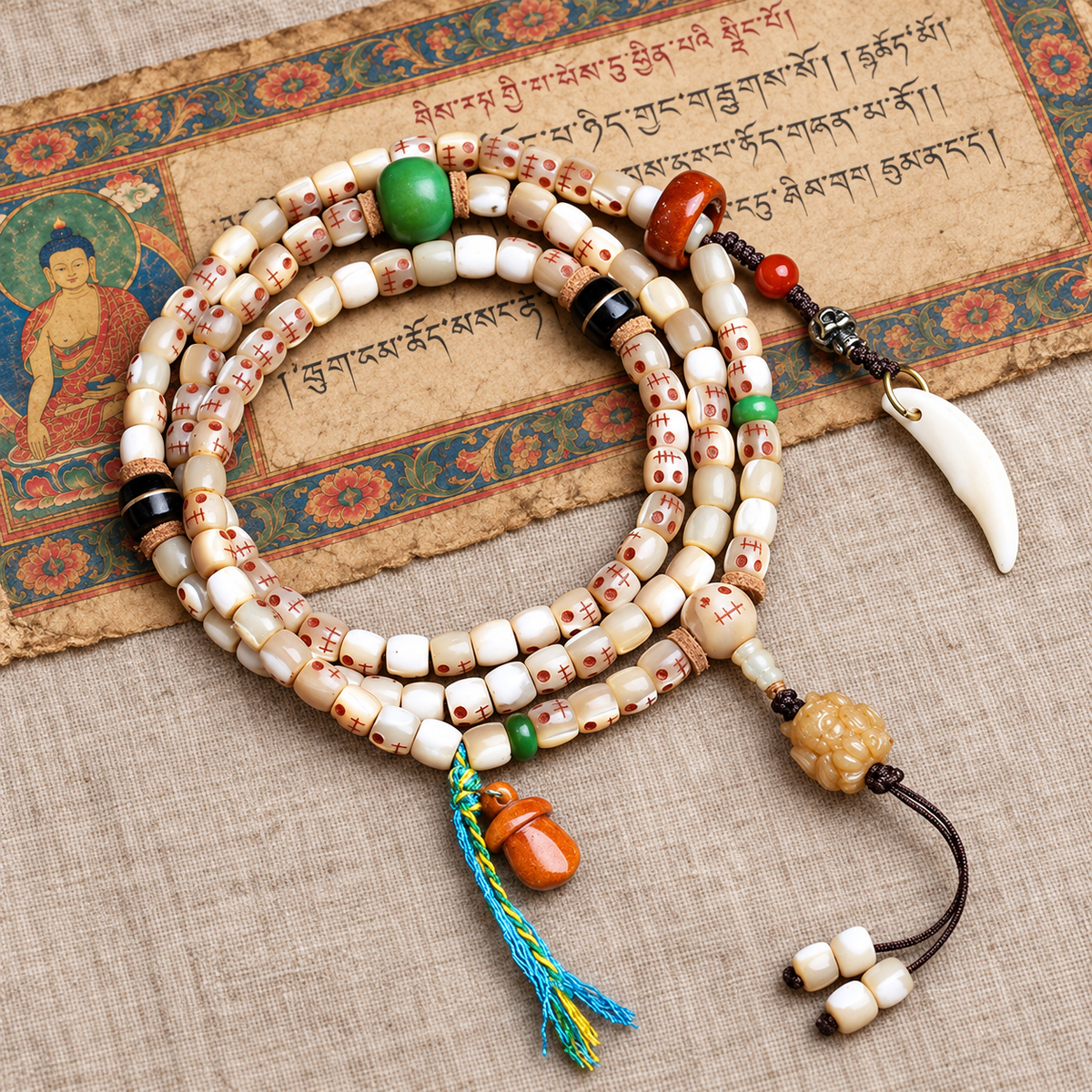 EverestArtstudios Carved Fish Bone 108-Bead Mala with Colorful Accents and Curved Pendant — full product