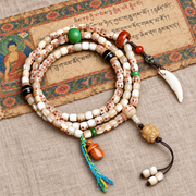 EverestArtstudios Carved Fish Bone 108-Bead Mala with Colorful Accents and Curved Pendant — full product
