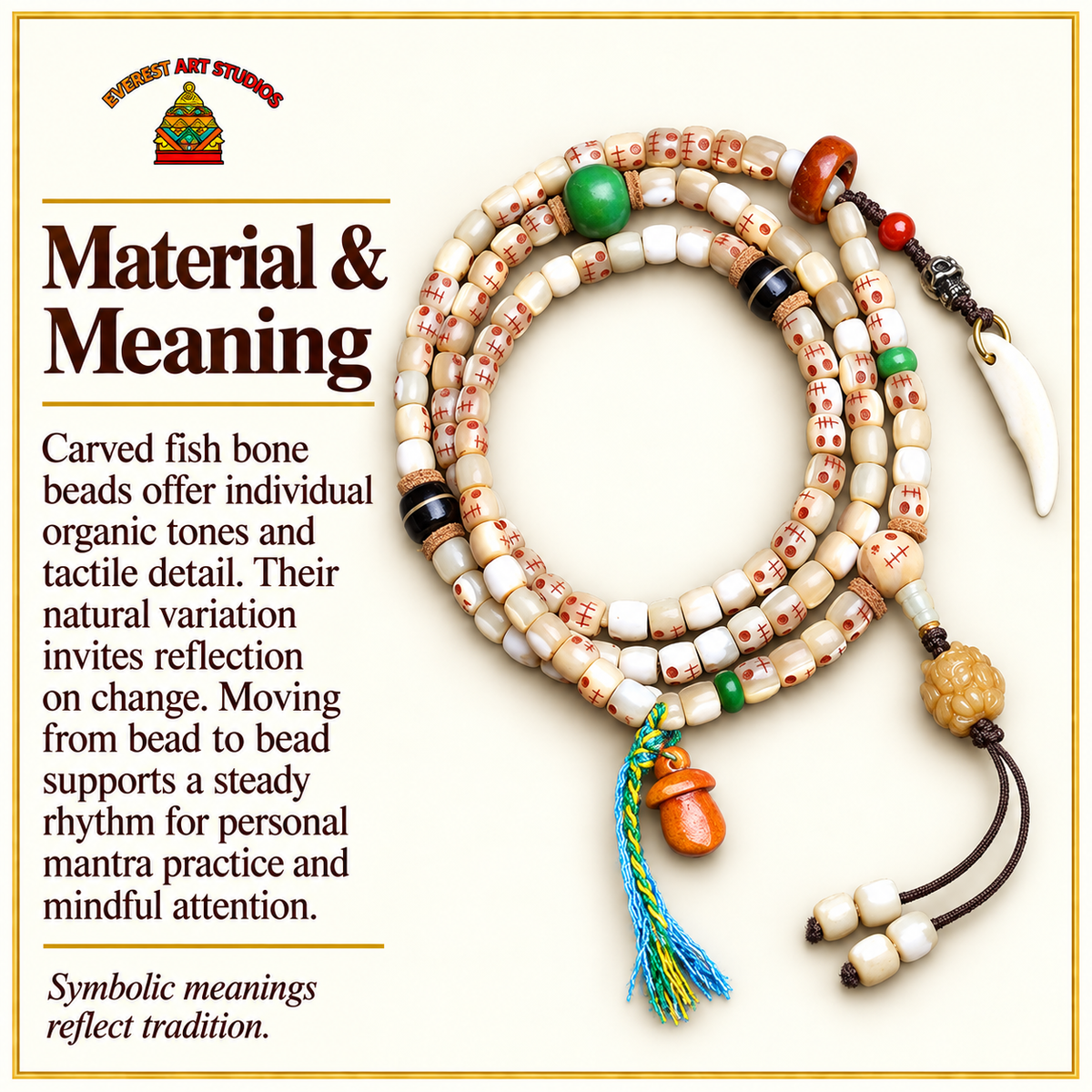 EverestArtstudios Carved Fish Bone 108-Bead Mala with Colorful Accents and Curved Pendant — materials meaning