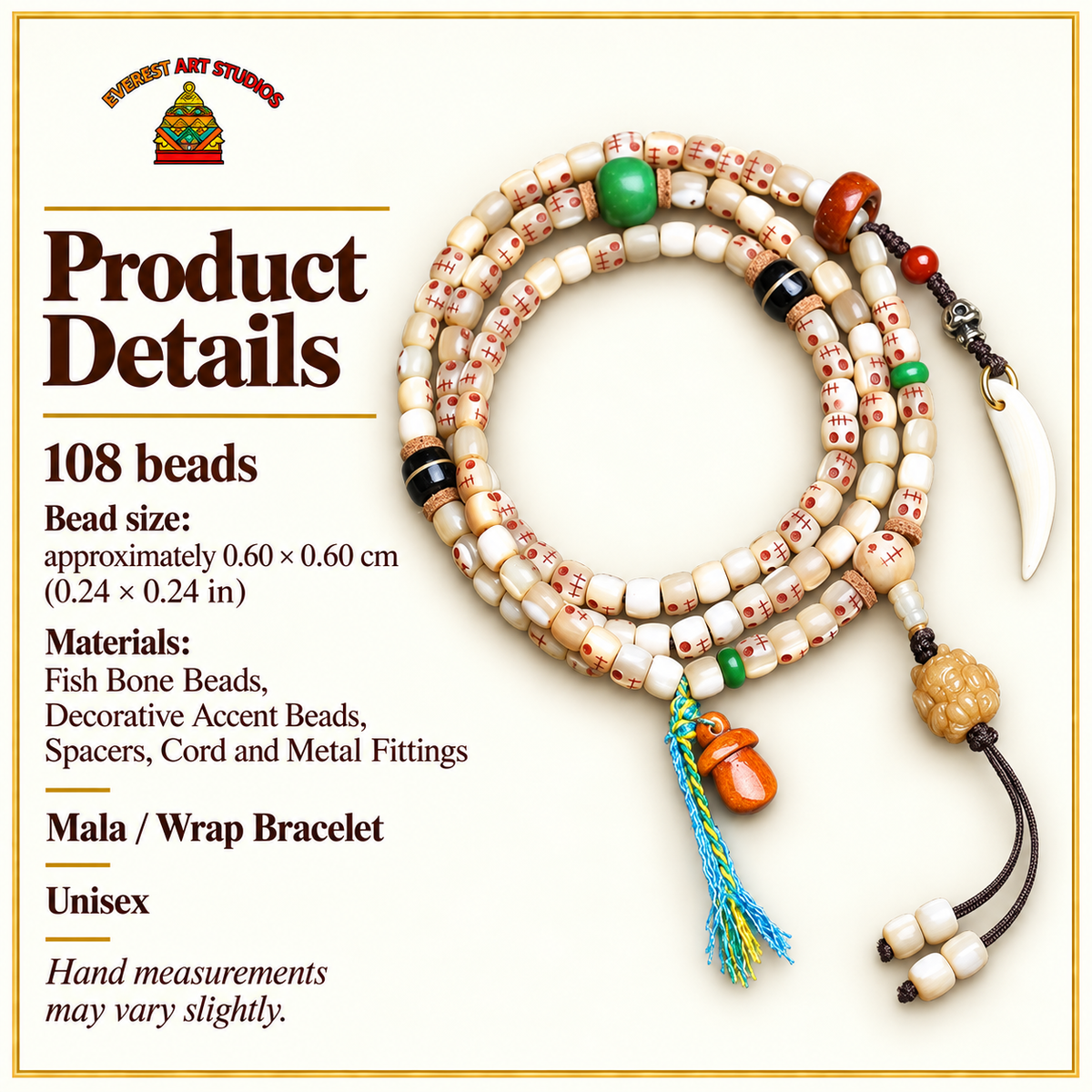 EverestArtstudios Carved Fish Bone 108-Bead Mala with Colorful Accents and Curved Pendant — specifications